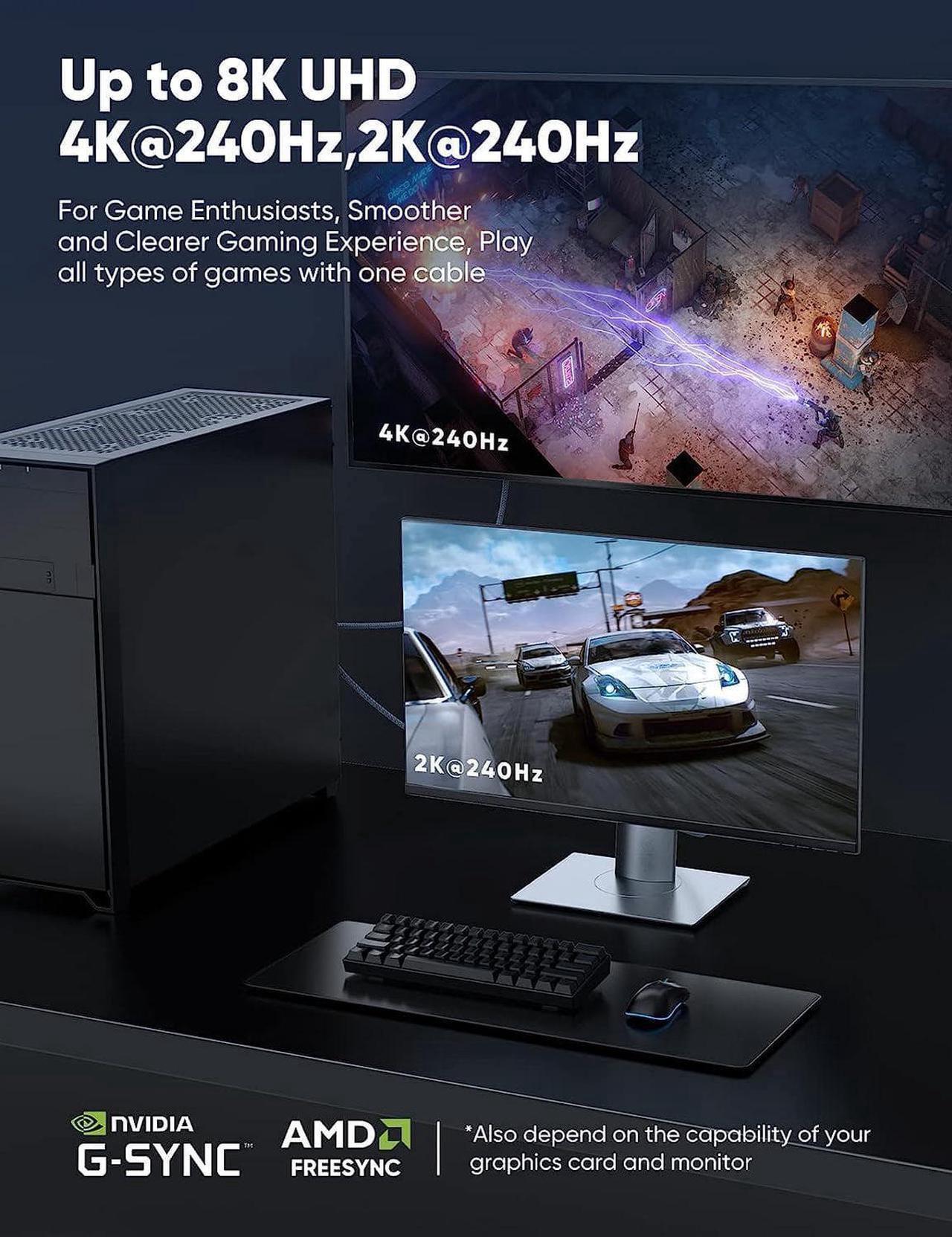 Alt view image 3 of 7 - 8K DisplayPort 1.4 Cable 6.6ft, 8K DP Cable 1.4 (8K@60Hz 4K@120Hz 165Hz 144Hz GSync/FreeSync) Video/Monitor Cable, Displayport to Display Port Cord Braided