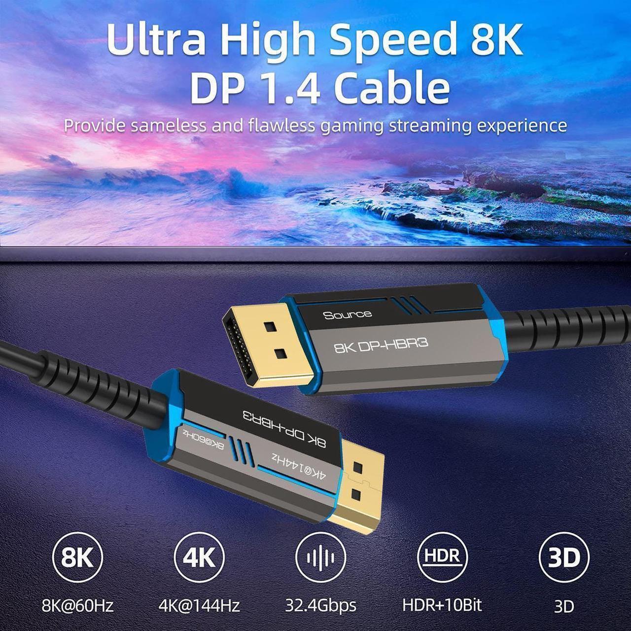 Alt view image 6 of 7 - DisplayPort to DisplayPort Cable Fiber Optic DP to DP Cable, Male to Male Video Cable Supports 8K 4K High Speed DP Cord, Compatible with Projector, Computer, Laptop, Monitor(66ft/20M)