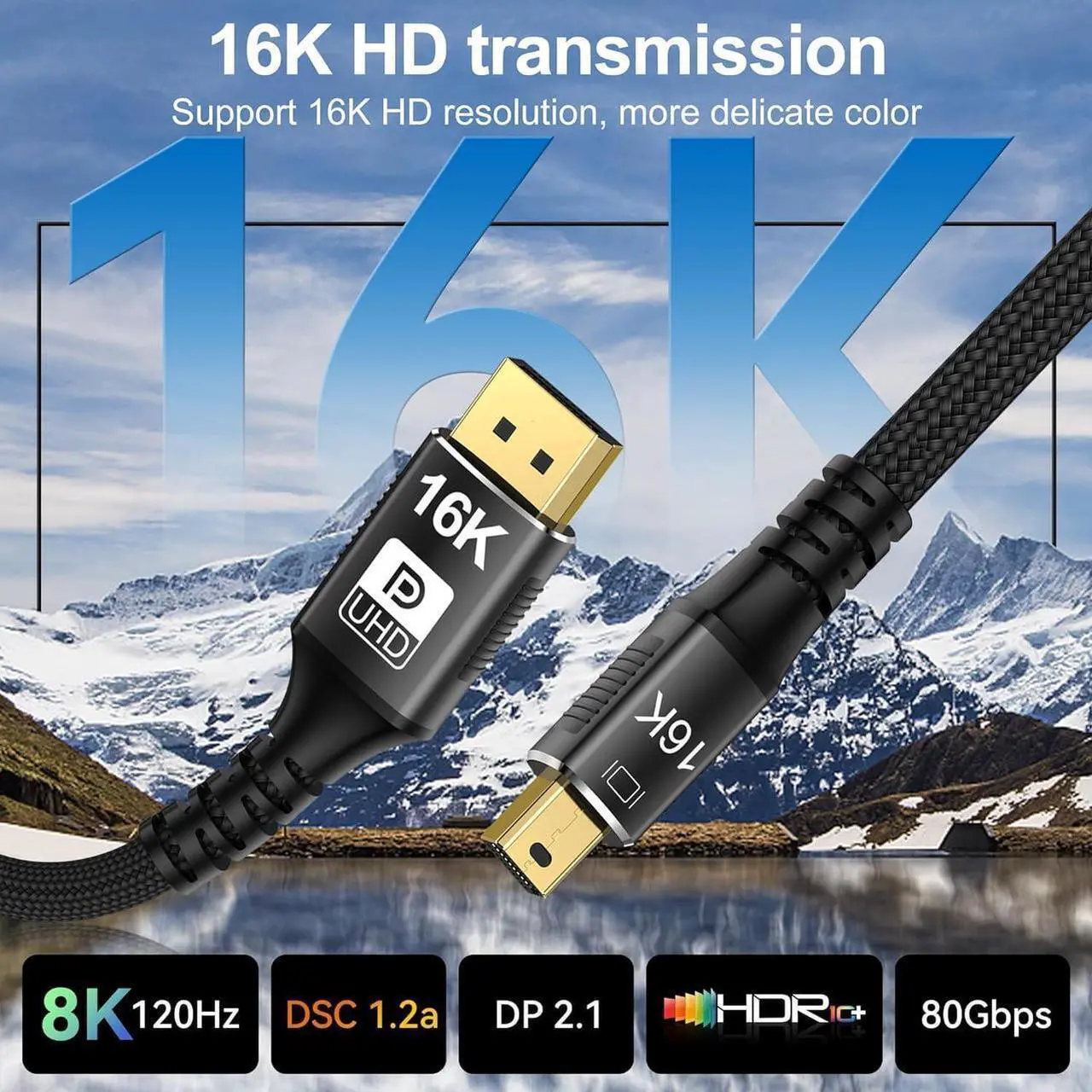 Alt view image 2 of 7 - 16K Mini DisplayPort to DisplayPort 2.1 Cable, [16K@60Hz, 8K@120Hz, 4K@240Hz] 80Gbps Bi-Directional, HDR, G-Sync, Mini DP [Thunderbolt 2] for Gaming Laptop, MacBook, Monitor,3.3FT