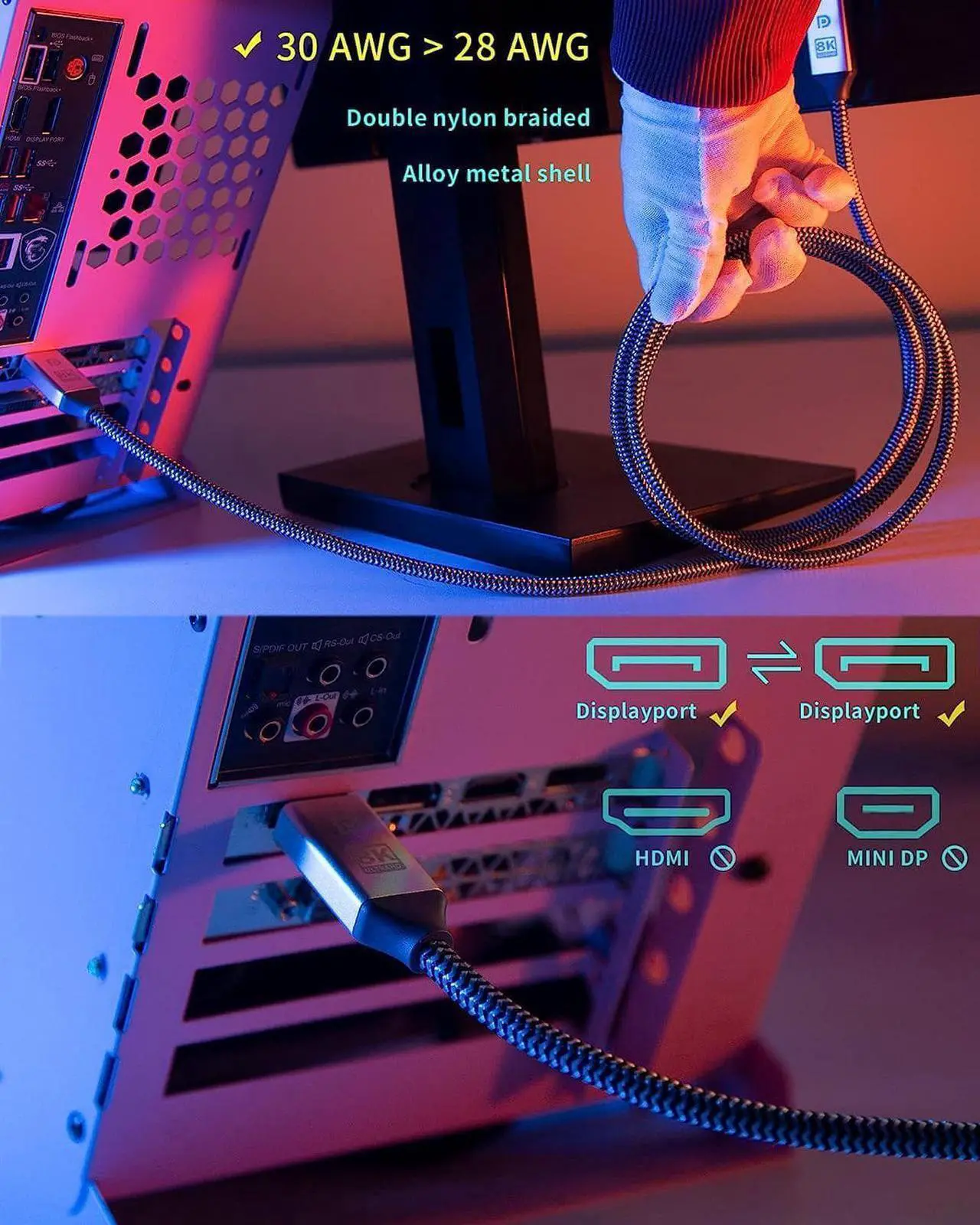 Alt view image 6 of 7 - DisplayPort Cable 1.4, 8K 3.3FT DP Cable 32.4Gbps 8K@60Hz HBR3 4K@60Hz/144Hz/120Hz 5K@60Hz 1080P@240Hz Support FreeSync G-Sync HDR10 for Gaming Monitor Graphics Card - Silver