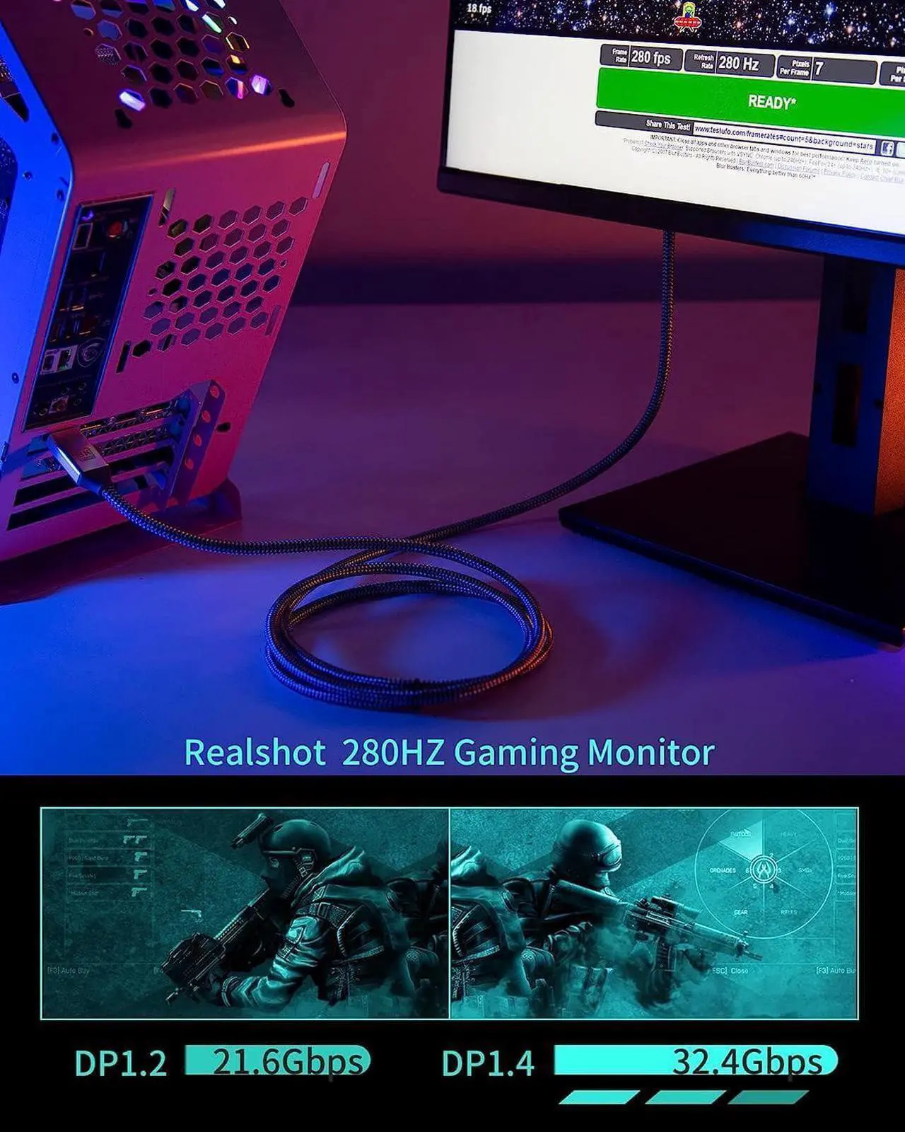 Alt view image 7 of 7 - DisplayPort Cable 1.4, 8K 3.3FT DP Cable 32.4Gbps 8K@60Hz HBR3 4K@60Hz/144Hz/120Hz 5K@60Hz 1080P@240Hz Support FreeSync G-Sync HDR10 for Gaming Monitor Graphics Card - Silver