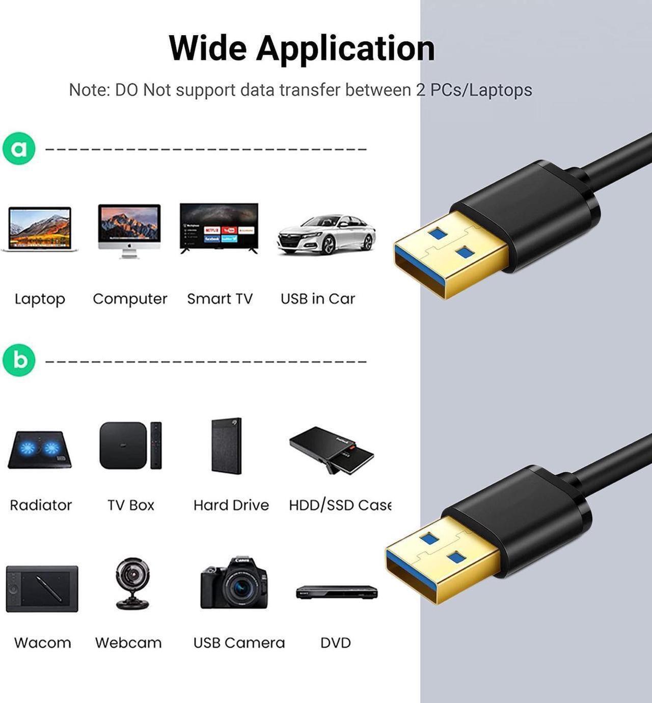 Alt view image 4 of 7 - 3 Pack USB to USB Cable 3.3 Feet, USB 3.0 Male to Male USB Type A Cord with Gold-Plated Connector for Data Transfer Compatible with Hard Drive, Laptop, DVD Player, TV, Monitor, Camera and More