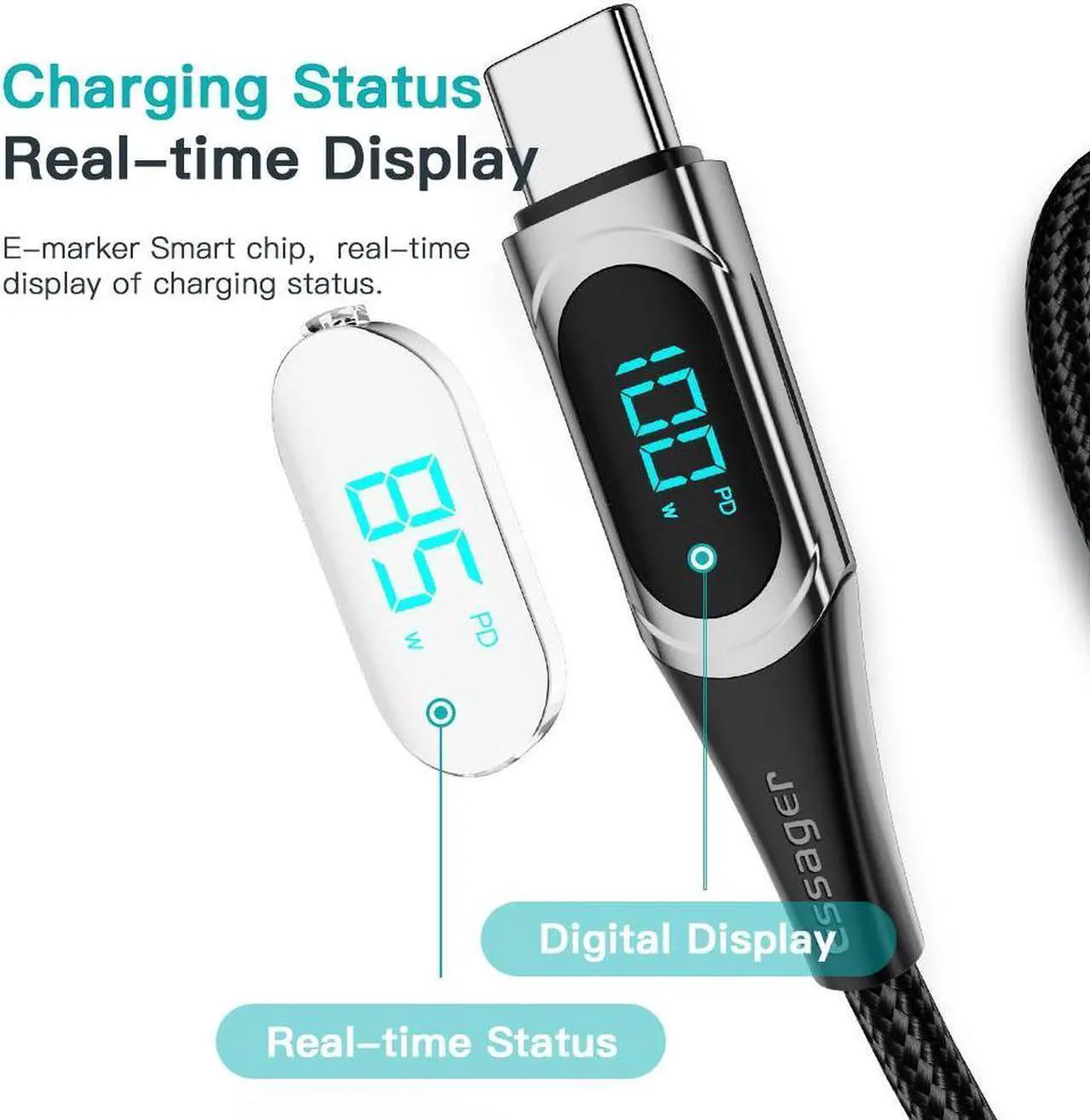 Alt view image 5 of 7 - 100W USB C to USB C Cable with Display, 5A PD QC 5.0 Type C to Type C Cable Super Fast Charging USB C Cable(3.3ft, Black, 1 Pack)