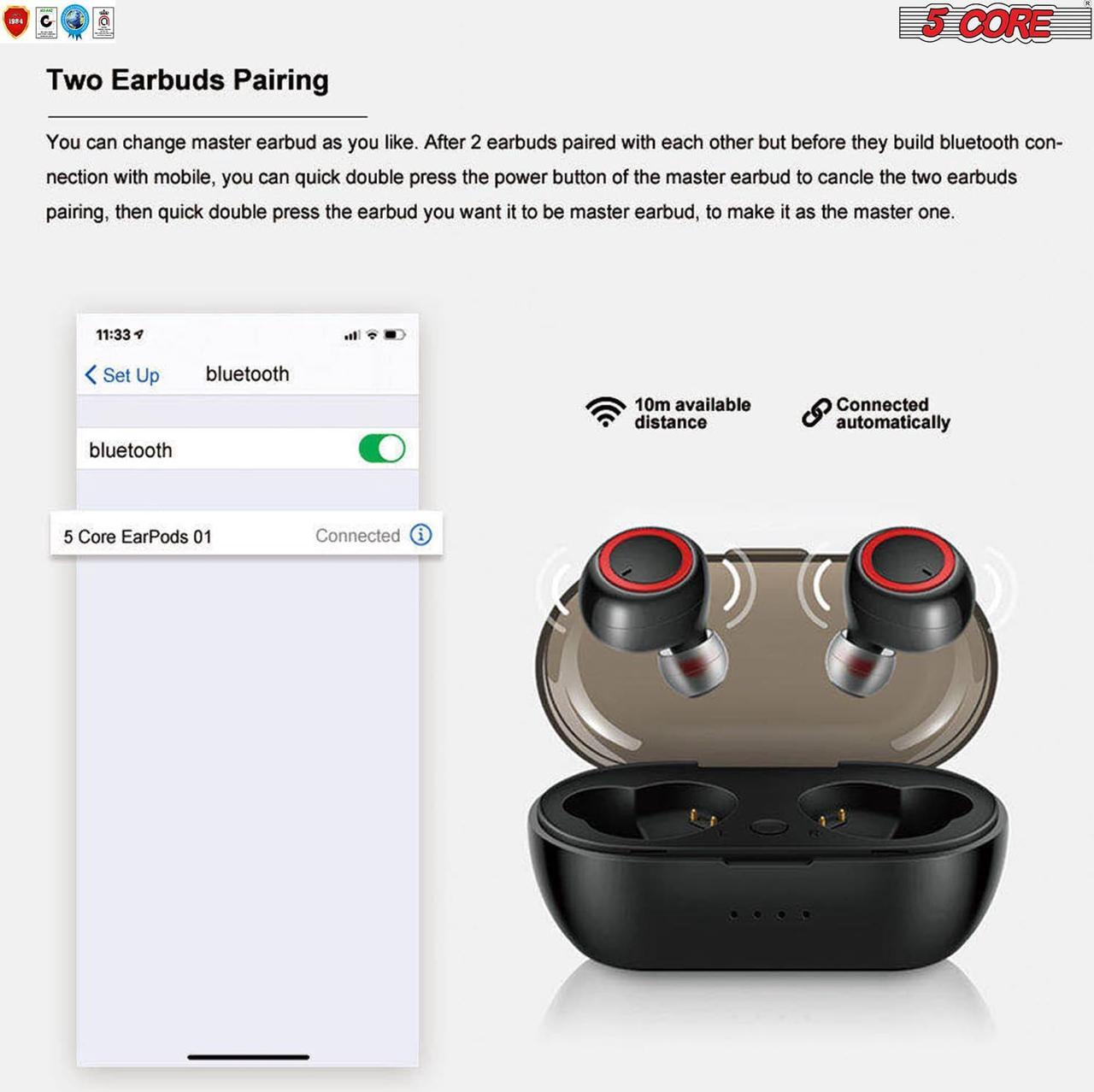 Alt view image 7 of 17 - 5 Core Wireless Ear Buds  Mini Bluetooth Noise Cancelling Earbud Headphones 32 Hours Playtime IPX8