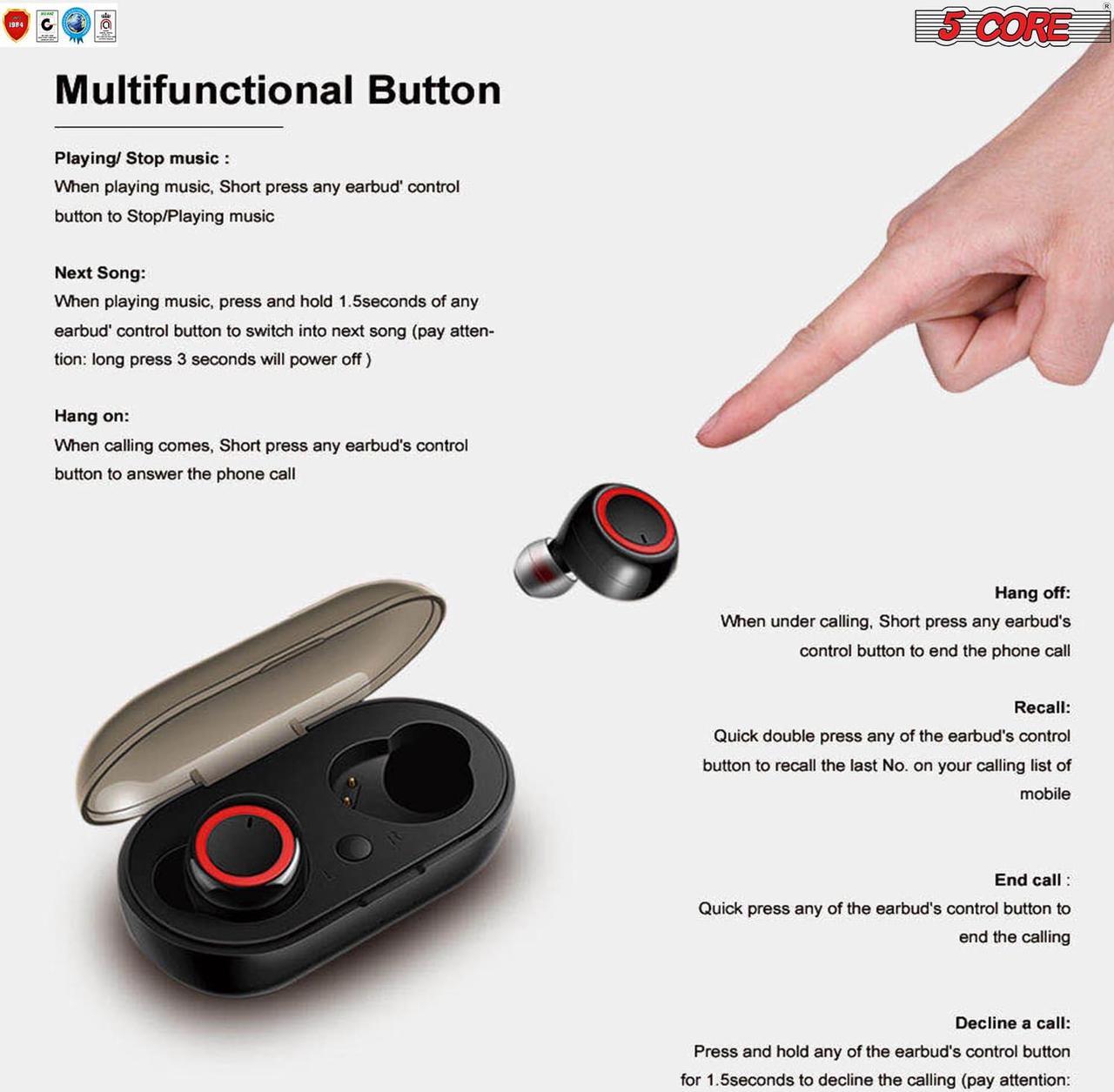 Alt view image 6 of 17 - 5 Core Wireless Ear Buds  Mini Bluetooth Noise Cancelling Earbud Headphones 32 Hours Playtime IPX8