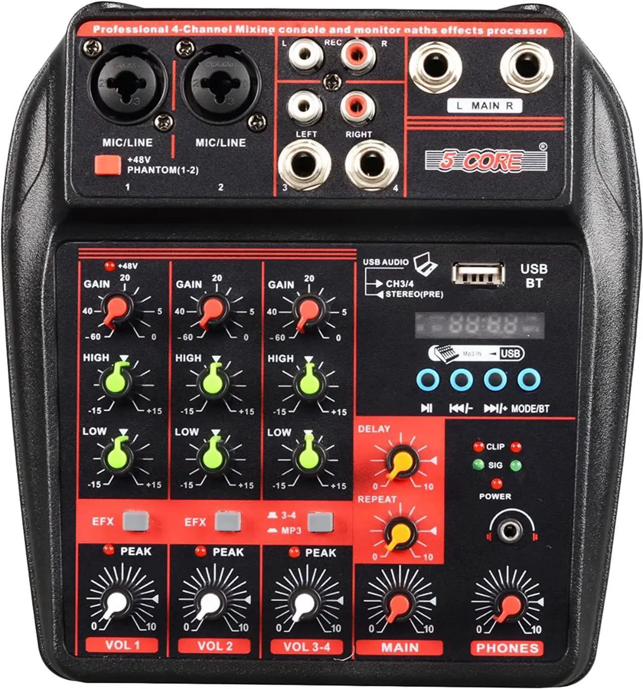Main image of 5 Core Audio Interface Mixer 4 Channel PC XLR Bluetooth USB DJ Music Stereo Sound Board Professional Small Podcast Karaoke Streaming PA Analog Portable Consola De Audio - MX 4CH