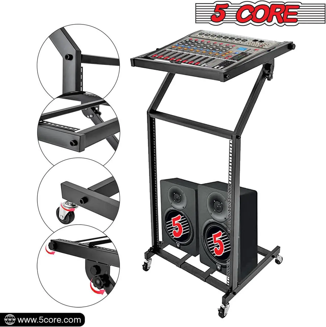 Alt view image 3 of 9 - 5 Core DJ Mixer Stand 16U Adjustable Rack Mount Rolling Stage Cart Pro Audio Studio Equipment for Homes Offices Stage Music Studios w Wheels - RACK STAND 16U
