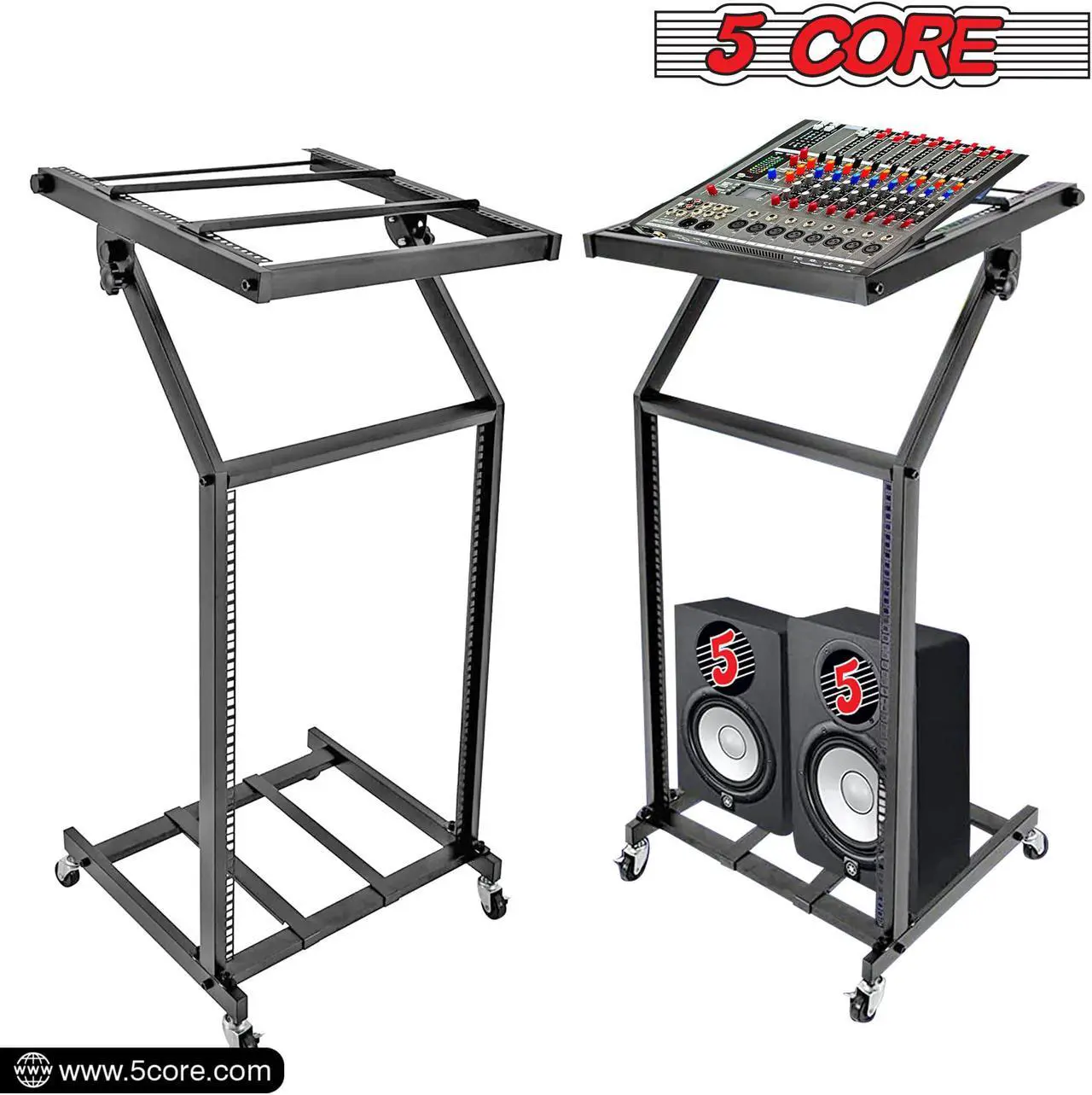Alt view image 2 of 9 - 5 Core DJ Mixer Stand 16U Adjustable Rack Mount Rolling Stage Cart Pro Audio Studio Equipment for Homes Offices Stage Music Studios w Wheels - RACK STAND 16U