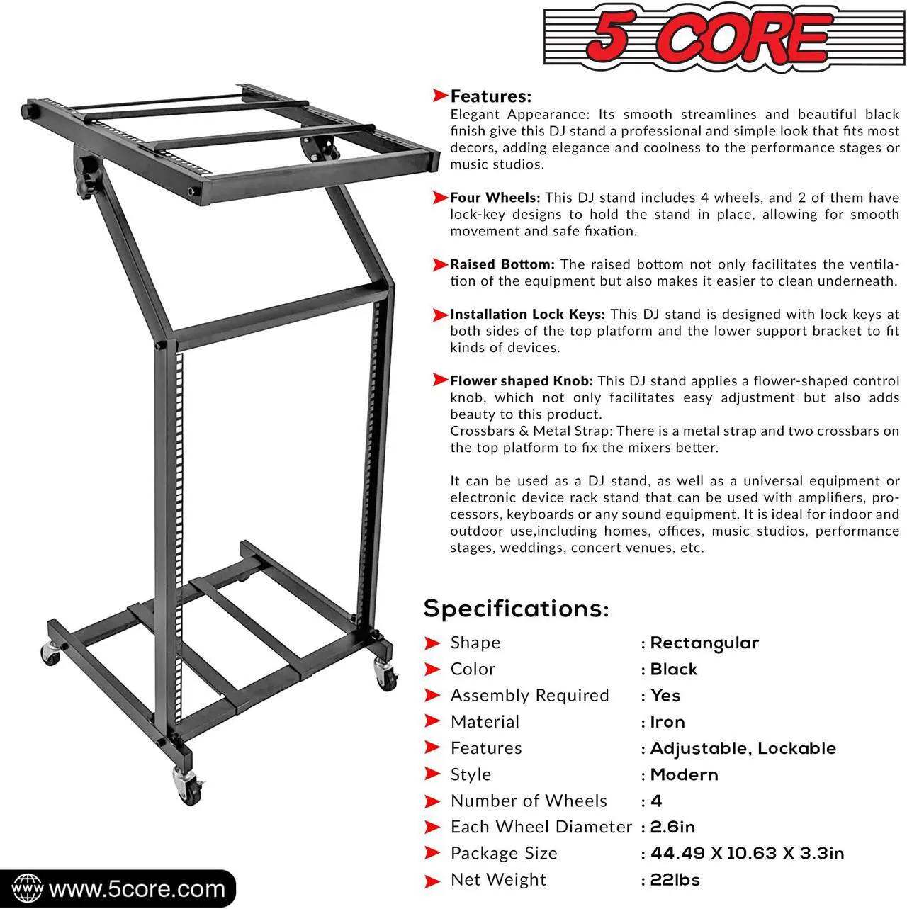 Alt view image 5 of 9 - 5 Core DJ Mixer Stand 16U Adjustable Rack Mount Rolling Stage Cart Pro Audio Studio Equipment for Homes Offices Stage Music Studios w Wheels - RACK STAND 16U