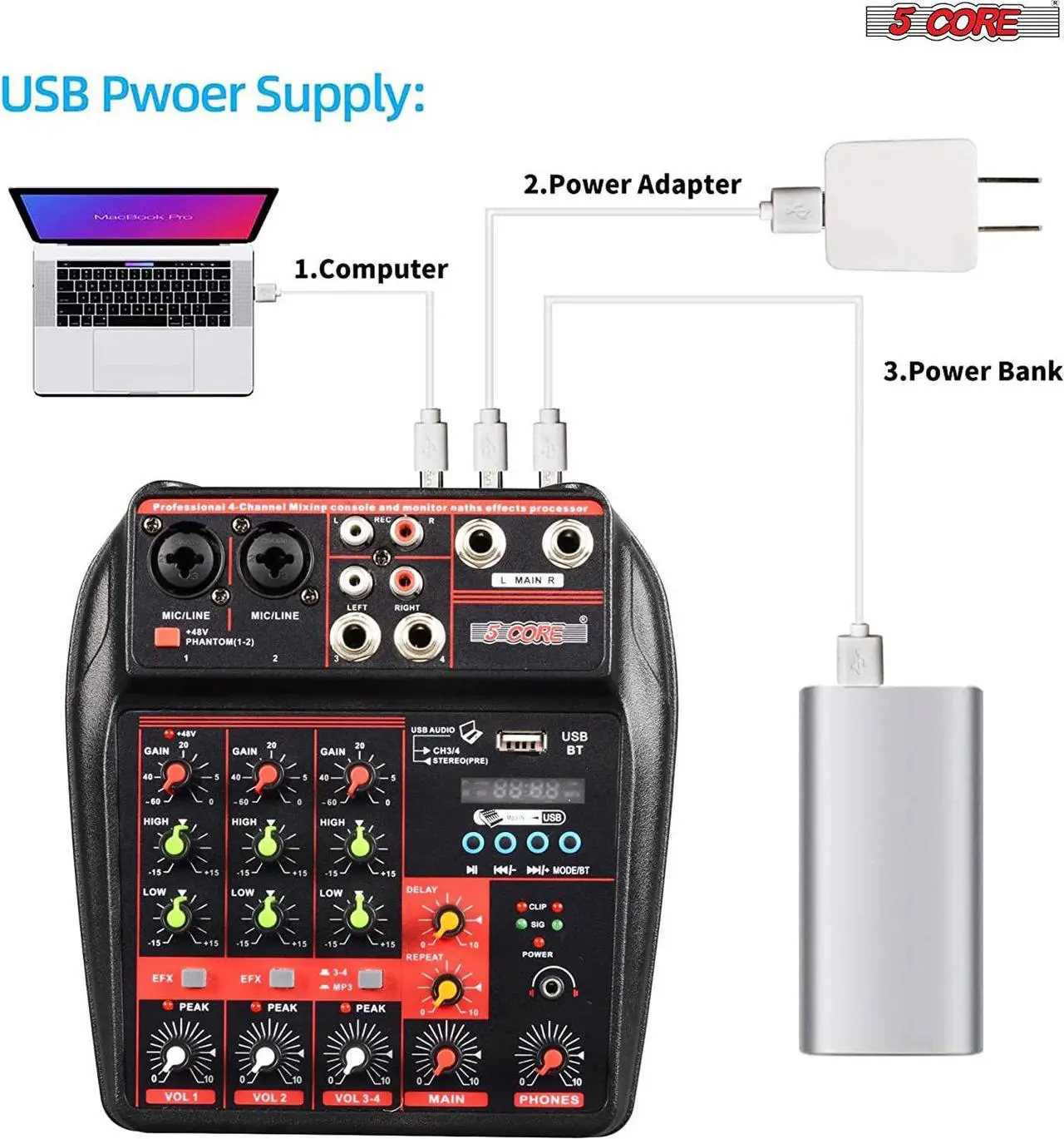 Alt view image 4 of 7 - 5 Core Audio Interface Mixer 4 Channel PC XLR Bluetooth USB DJ Music Stereo Sound Board Professional Small Podcast Karaoke Streaming PA Analog Portable Consola De Audio - MX 4CH