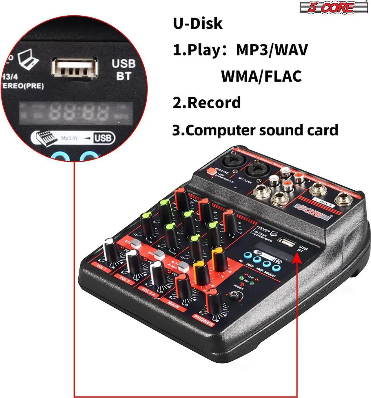 Alt view image 2 of 7 - 5 Core Audio Interface Mixer 4 Channel PC XLR Bluetooth USB DJ Music Stereo Sound Board Professional Small Podcast Karaoke Streaming PA Analog Portable Consola De Audio - MX 4CH