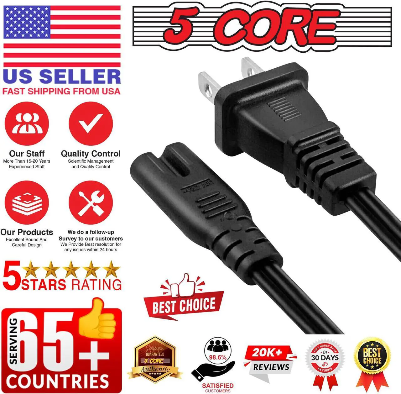 Alt view image 7 of 7 - 5 Core Extra Long 6ft 2 Prong 5 pack Non-Polarized AC Wall Power Cable 3 Slot Cord for HP Dell Samsung Sony Asus Acer Toshiba Laptop Charger LED LCD Monitor Replacement Power Cord PP 1001 2 Pcs