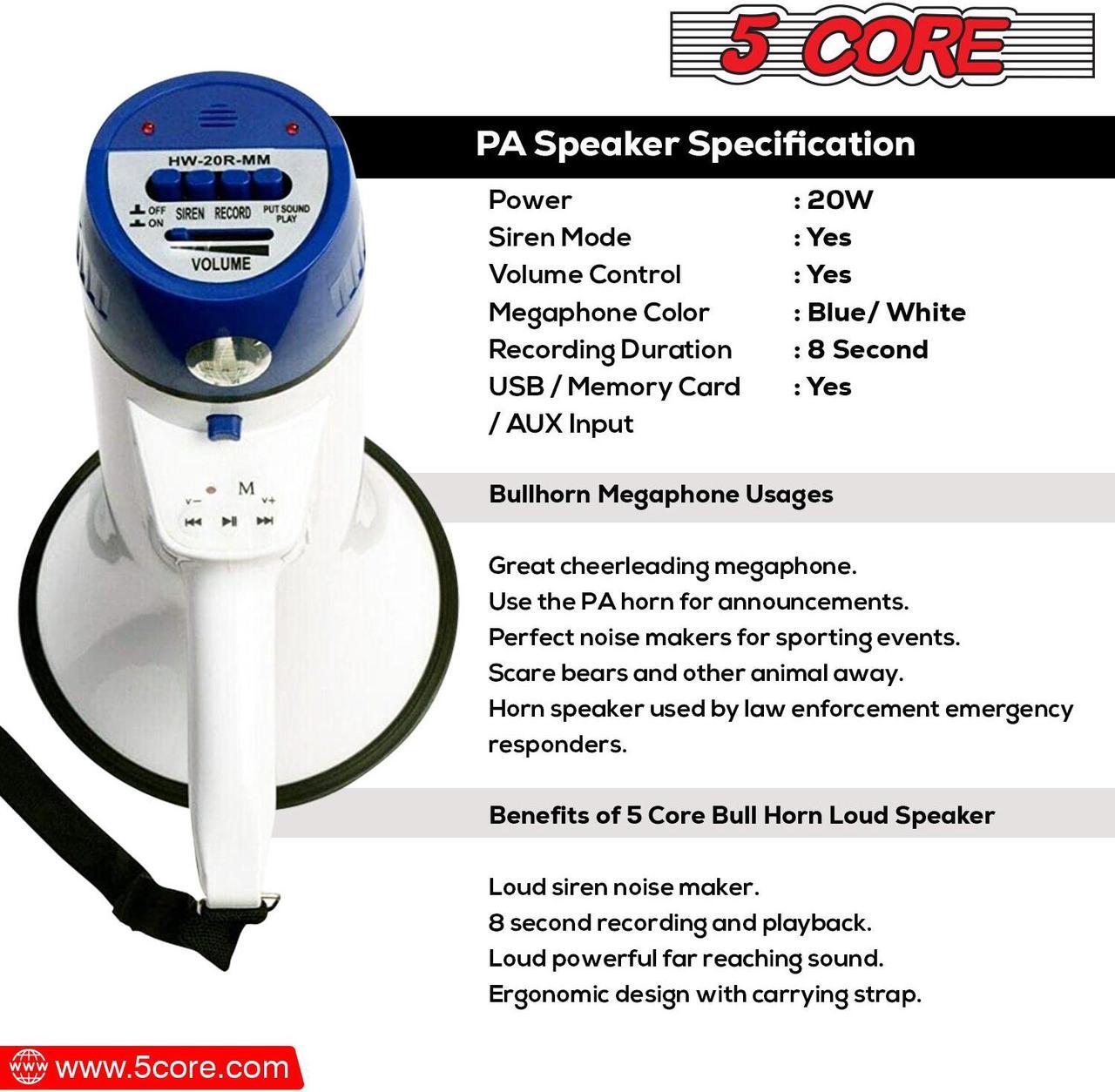 Alt view image 3 of 16 - 5 Core Megaphone Bullhorn Speaker 20W Bull Horn Battery Power Cheer Megafono 300 Meters Range Loudspeaker W Siren Recording Ergonomic Handle for Coaches Football Baseball Cheerleading - 20R-USB WoB