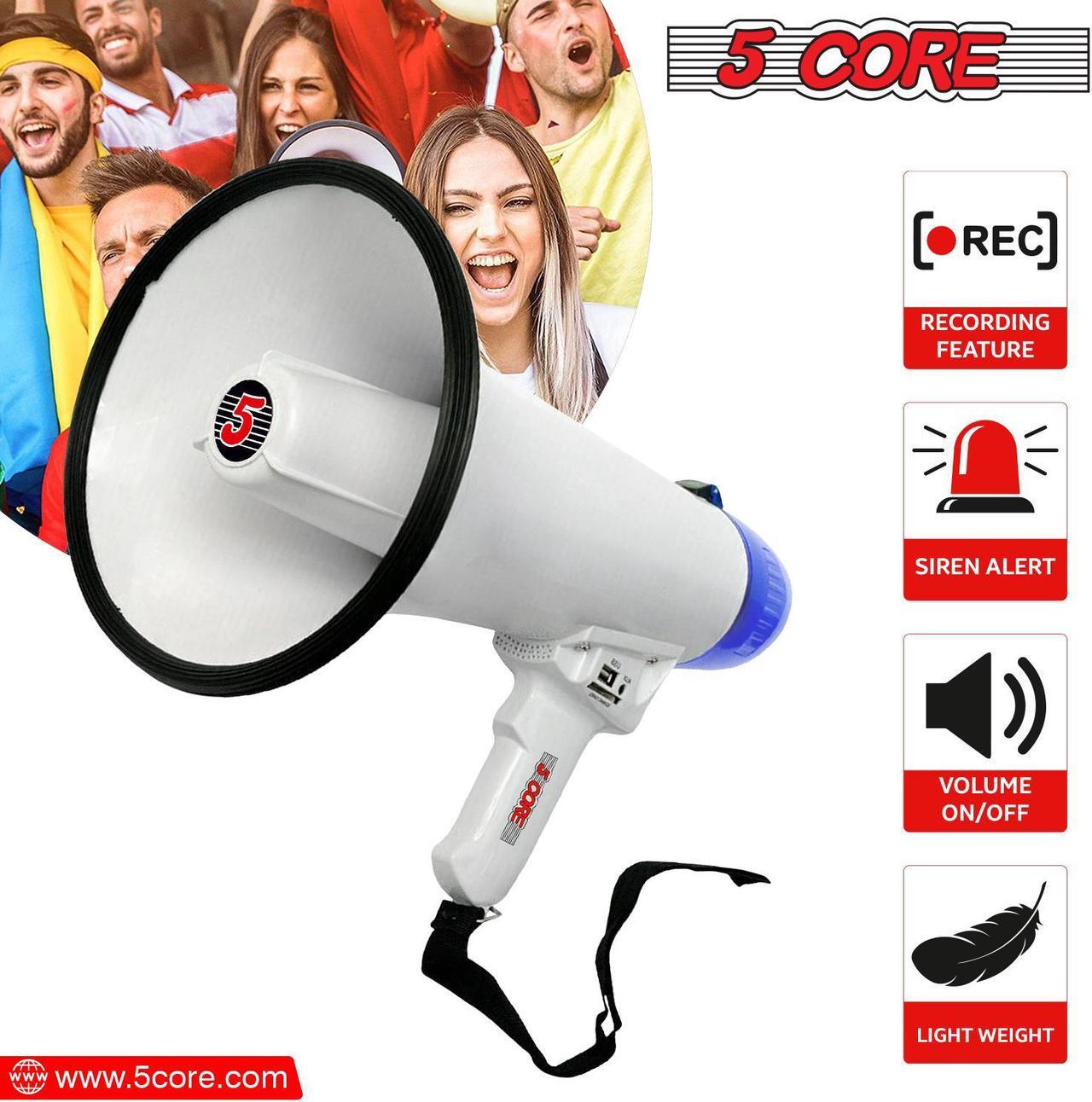 Alt view image 2 of 16 - 5 Core Megaphone Bullhorn Speaker 20W Bull Horn Battery Power Cheer Megafono 300 Meters Range Loudspeaker W Siren Recording Ergonomic Handle for Coaches Football Baseball Cheerleading - 20R-USB WoB