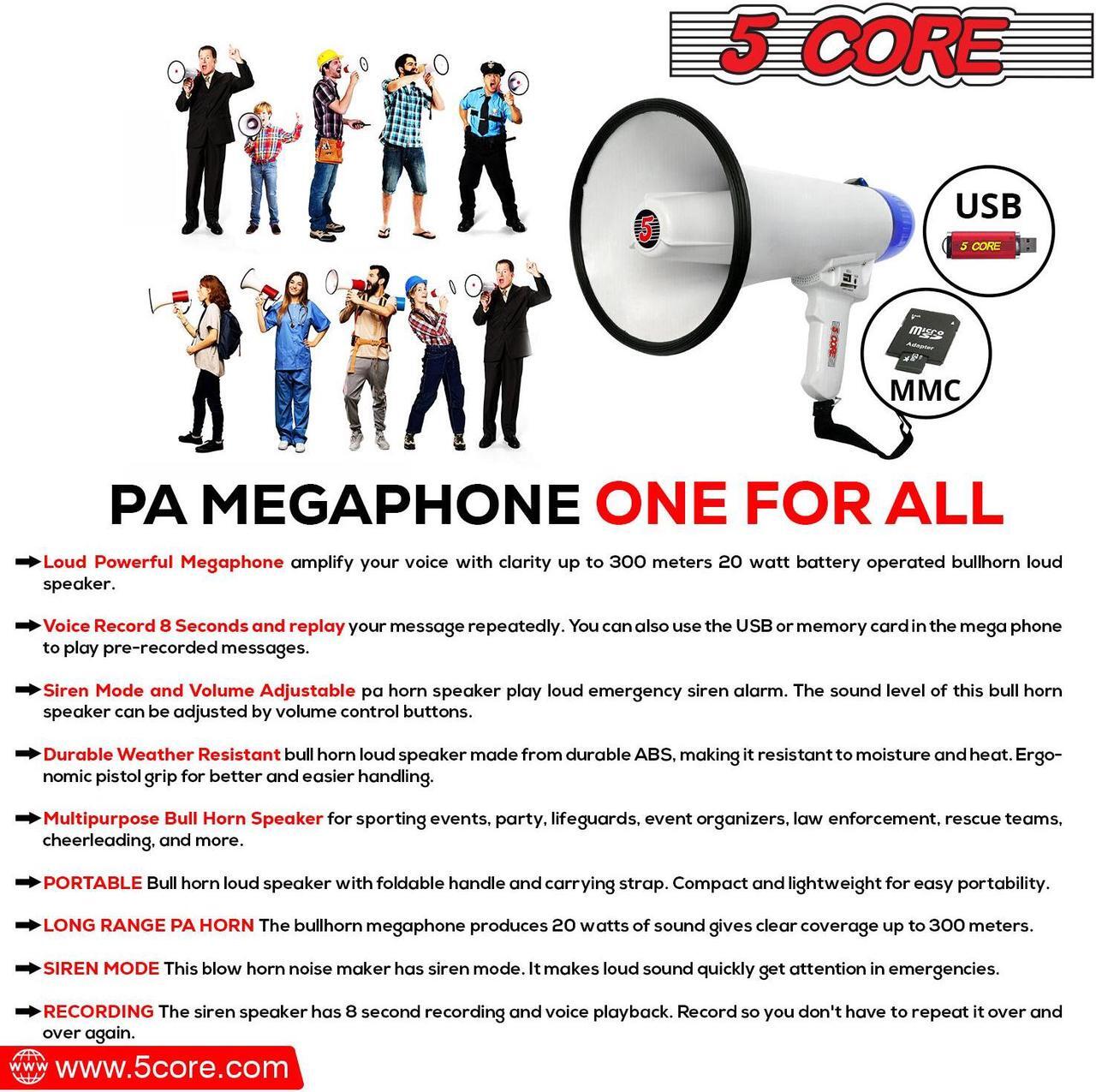 Alt view image 4 of 16 - 5 Core Megaphone Bullhorn Speaker 20W Bull Horn Battery Power Cheer Megafono 300 Meters Range Loudspeaker W Siren Recording Ergonomic Handle for Coaches Football Baseball Cheerleading - 20R-USB WoB