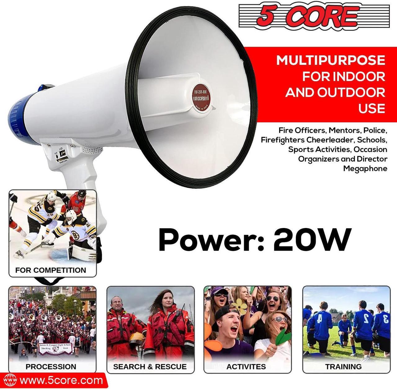 Alt view image 6 of 16 - 5 Core Megaphone Bullhorn Speaker 20W Bull Horn Battery Power Cheer Megafono 300 Meters Range Loudspeaker W Siren Recording Ergonomic Handle for Coaches Football Baseball Cheerleading - 20R-USB WoB