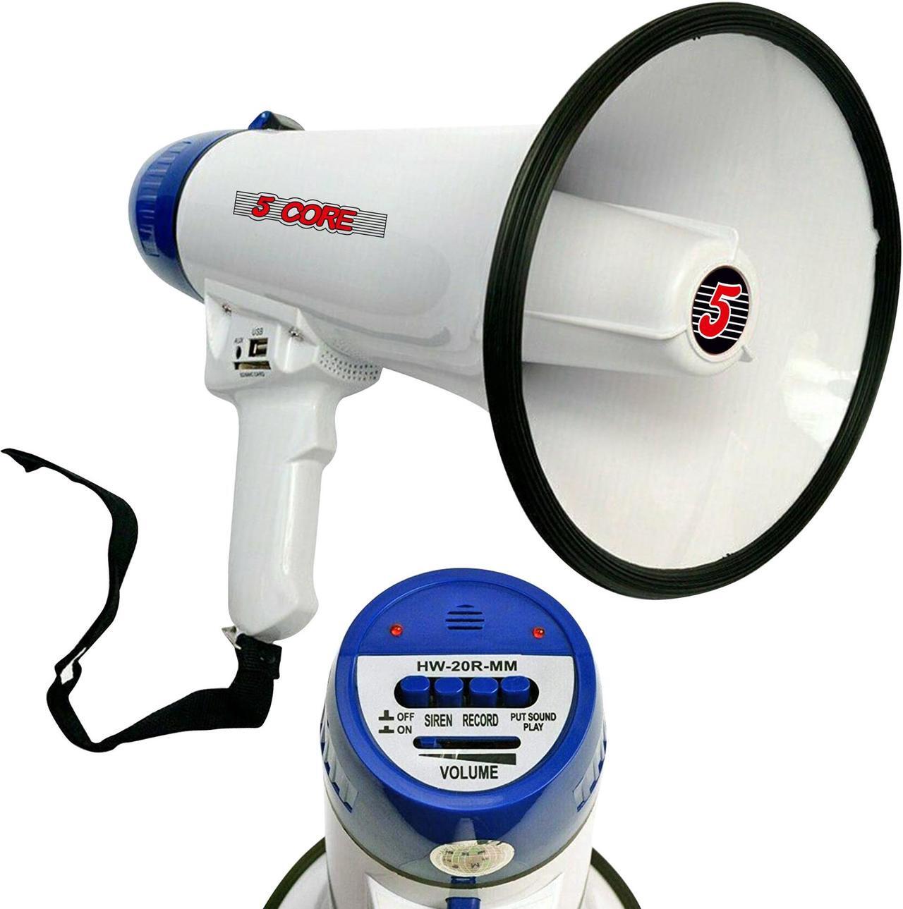 Main image of 5 Core Megaphone Bullhorn Speaker 20W Bull Horn Battery Power Cheer Megafono 300 Meters Range Loudspeaker W Siren Recording Ergonomic Handle for Coaches Football Baseball Cheerleading - 20R-USB WoB