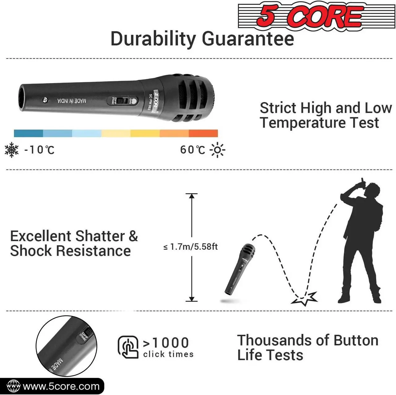 Alt view image 4 of 7 - 5 Core Microphone XLR Dynamic Mic Karaoke Singing Handheld Microfono Wired Professional Unidirectional 1/4 Plug In Cord Connection for Vocal DJ Music - PM-883