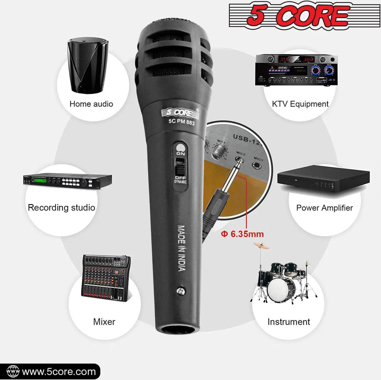 Alt view image 6 of 7 - 5 Core Microphone XLR Dynamic Mic Karaoke Singing Handheld Microfono Wired Professional Unidirectional 1/4 Plug In Cord Connection for Vocal DJ Music - PM-883