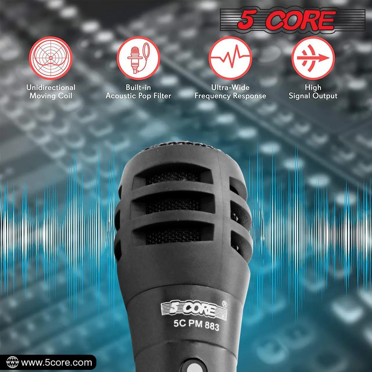 Alt view image 5 of 7 - 5 Core Microphone XLR Dynamic Mic Karaoke Singing Handheld Microfono Wired Professional Unidirectional 1/4 Plug In Cord Connection for Vocal DJ Music - PM-883