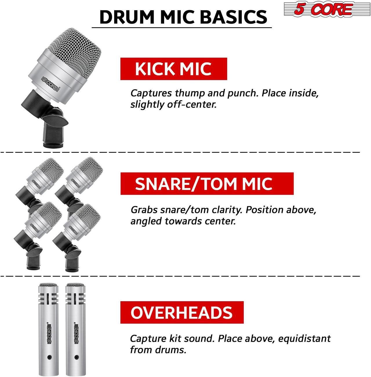 Alt view image 6 of 7 - 5 Core Drum Mic Kit 7 Piece Drum set XLR Wired Dynamic Microphone Kick Bass, Tom/Snare & Cymbals Instrument Set for Studio and On Stage Live Use - DM 7ACC SLV