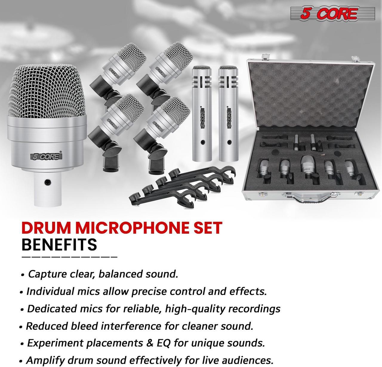 Alt view image 5 of 7 - 5 Core Drum Mic Kit 7 Piece Drum set XLR Wired Dynamic Microphone Kick Bass, Tom/Snare & Cymbals Instrument Set for Studio and On Stage Live Use - DM 7ACC SLV