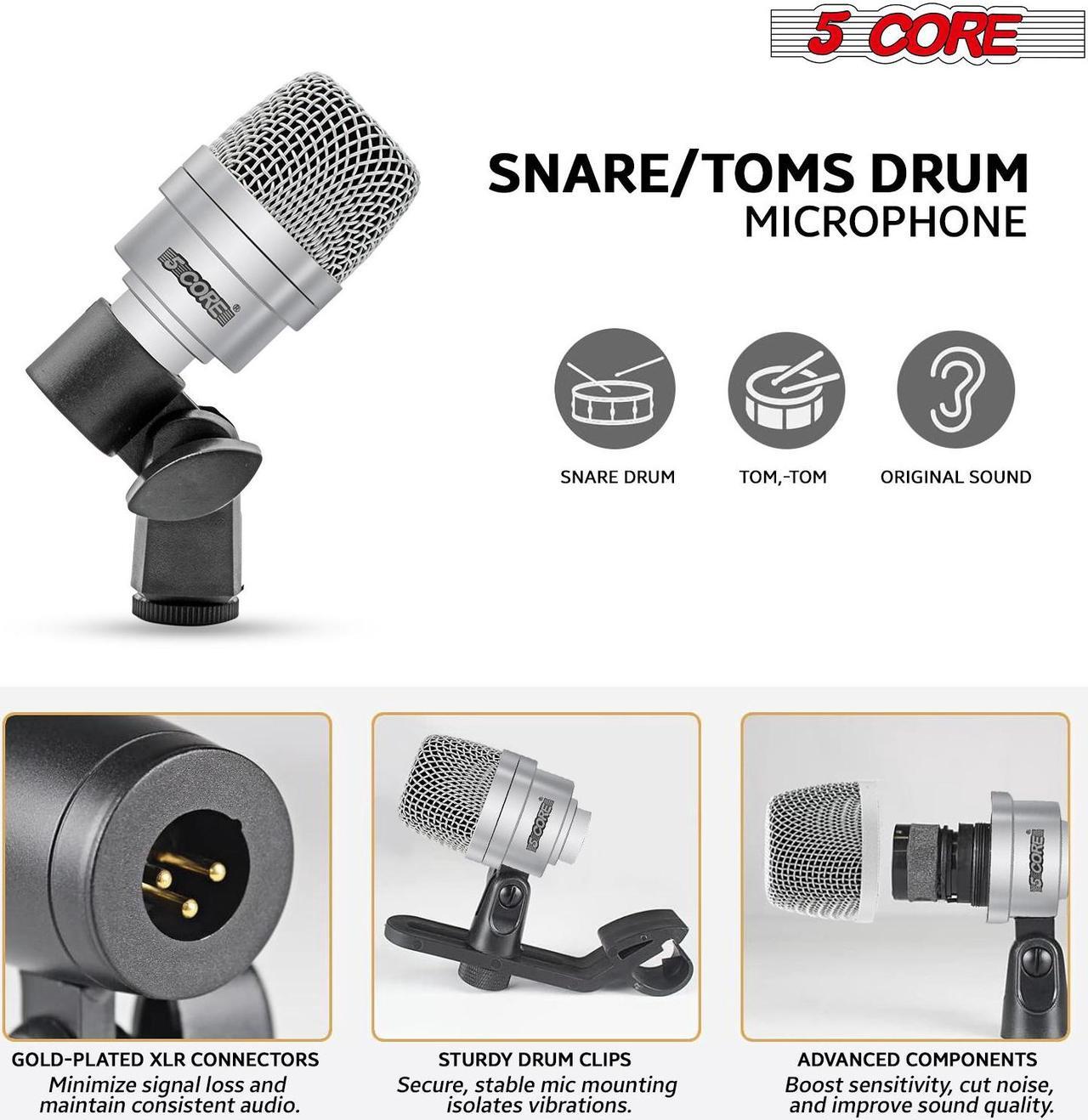 Alt view image 3 of 7 - 5 Core Drum Mic Kit 7 Piece Drum set XLR Wired Dynamic Microphone Kick Bass, Tom/Snare & Cymbals Instrument Set for Studio and On Stage Live Use - DM 7ACC SLV