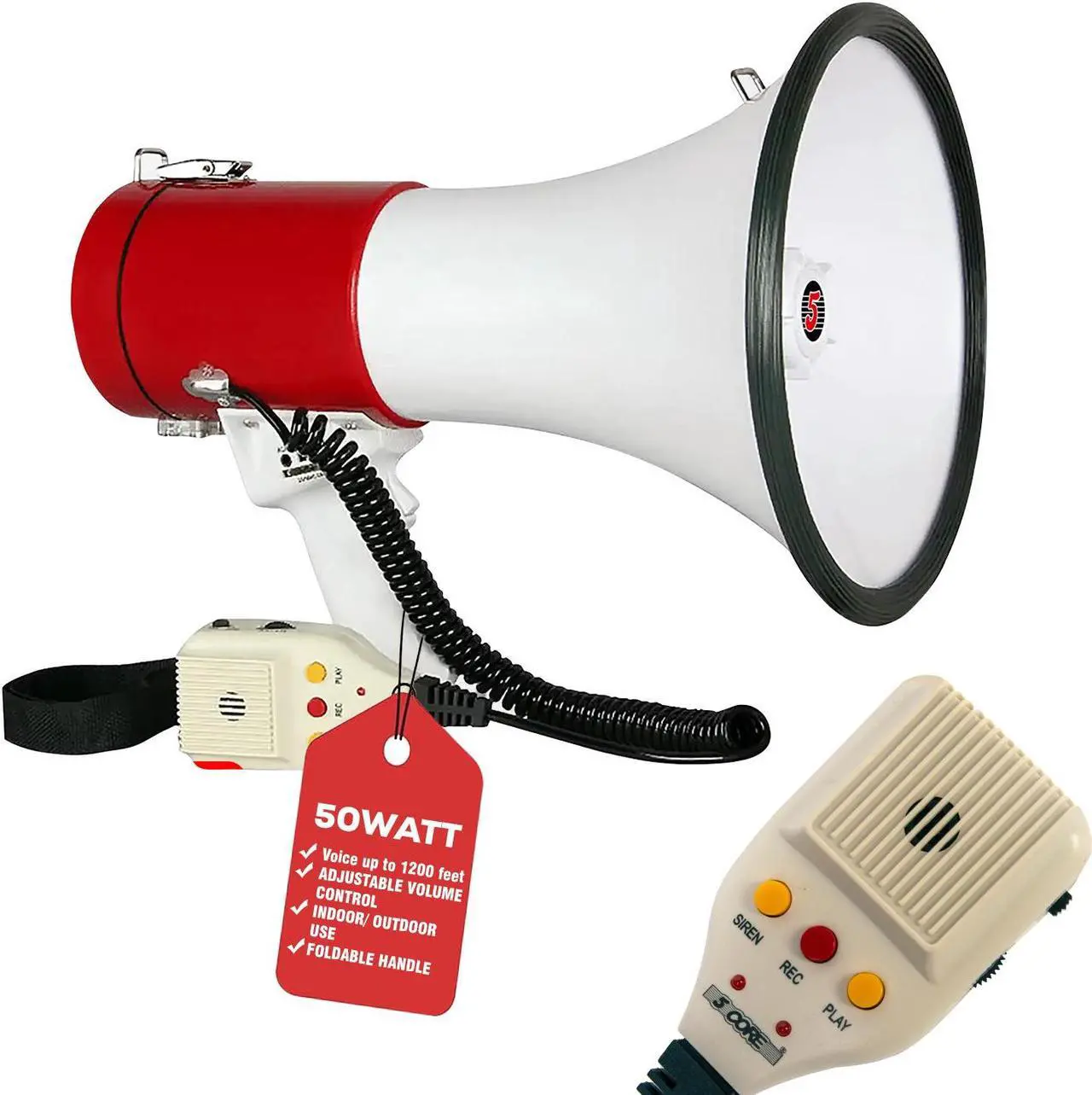 Main image of 5 Core Megaphone Bullhorn Speaker 50W Bull Horn Cheer Megafono 1200 Yards