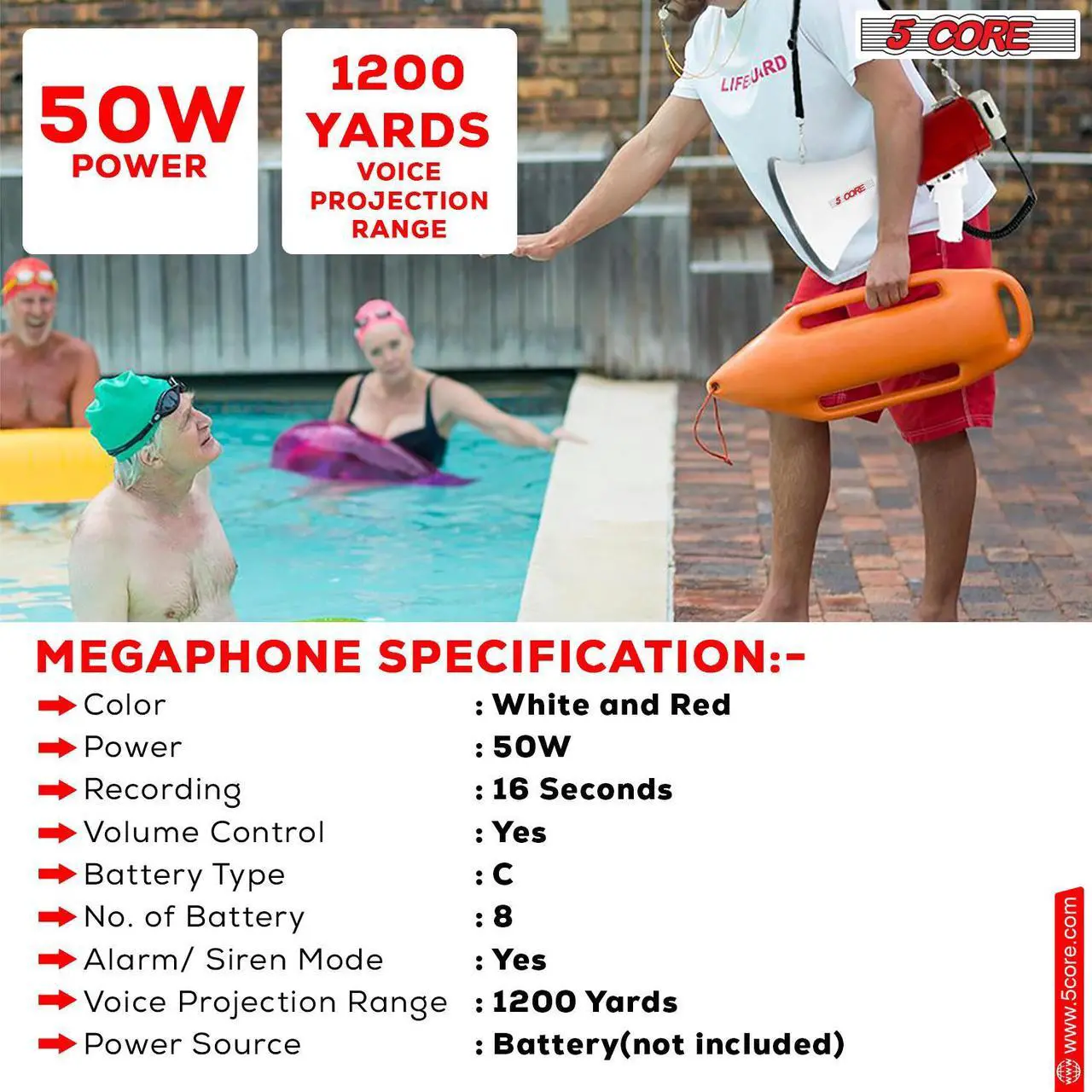 Alt view image 2 of 15 - 5 Core Megaphone Bullhorn Speaker 50W Bull Horn Cheer Megafono 1200 Yards