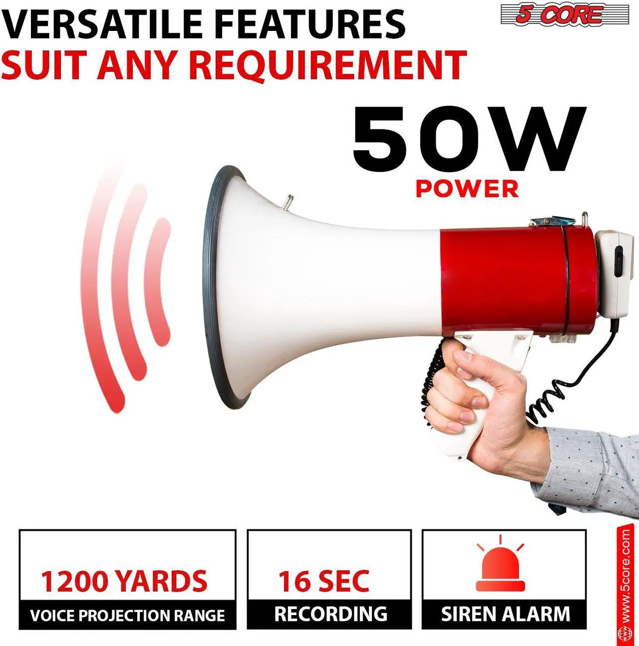 Alt view image 4 of 15 - 5 Core Megaphone Bullhorn Speaker 50W Bull Horn Cheer Megafono 1200 Yards