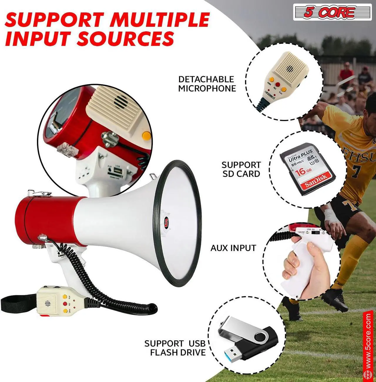 Alt view image 5 of 15 - 5 Core Megaphone Bullhorn Speaker 50W Bull Horn Cheer Megafono 1200 Yards