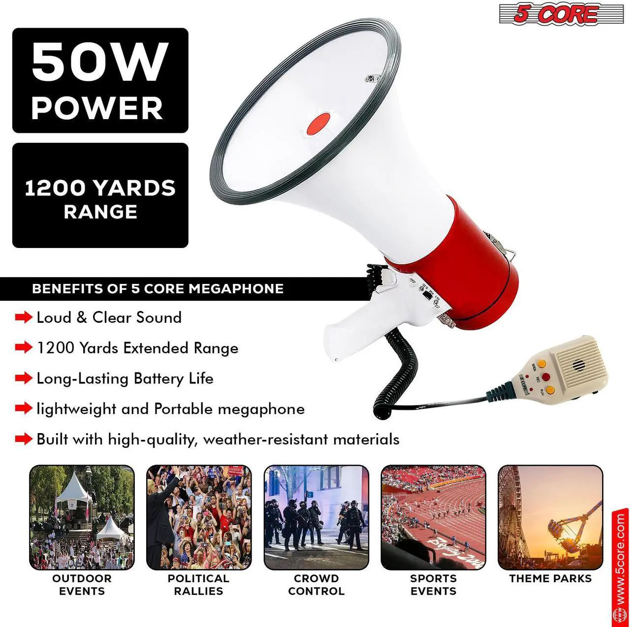 Alt view image 6 of 15 - 5 Core Megaphone Bullhorn Speaker 50W Bull Horn Cheer Megafono 1200 Yards