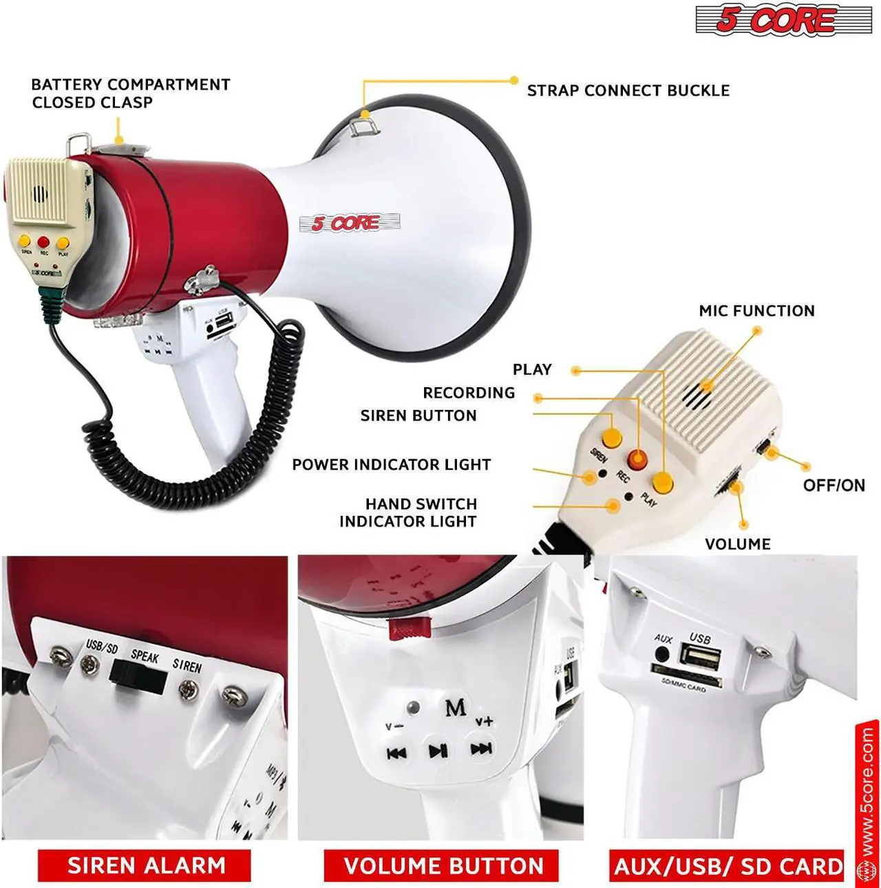 Alt view image 3 of 15 - 5 Core Megaphone Bullhorn Speaker 50W Bull Horn Cheer Megafono 1200 Yards