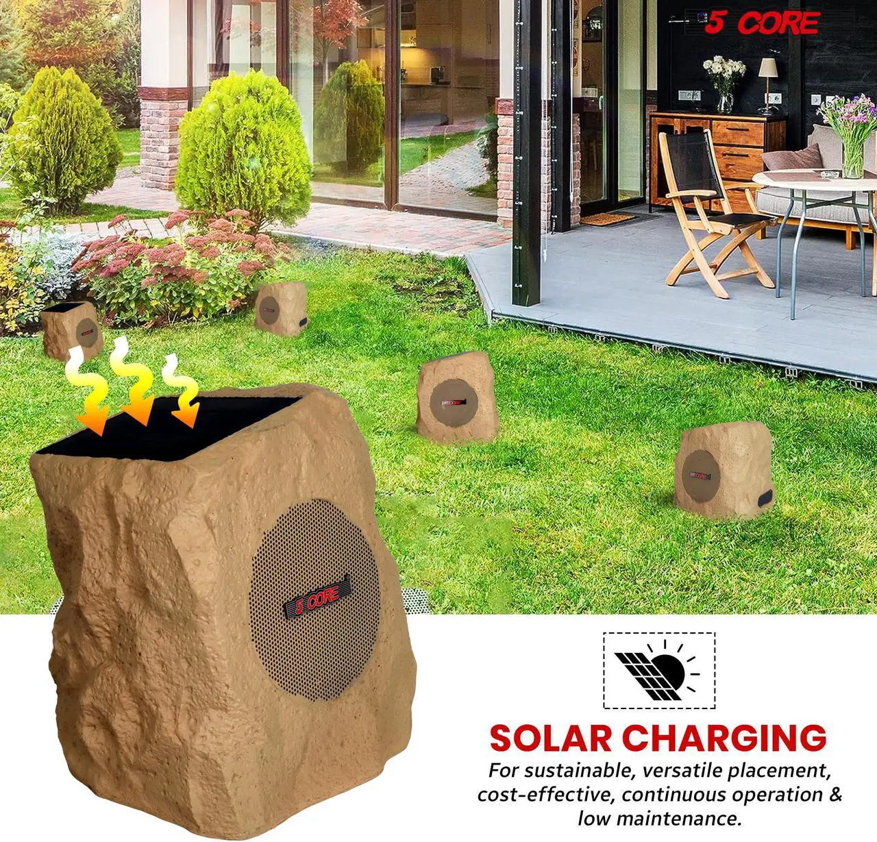 Alt view image 6 of 7 - 5 Core Outdoor Speakers Bluetooth Waterproof Linkable TWS 10W RMS Pool Patio Garden Wireless Subwoofer Outside Solar Rock Speaker w RGB Light All Season Use