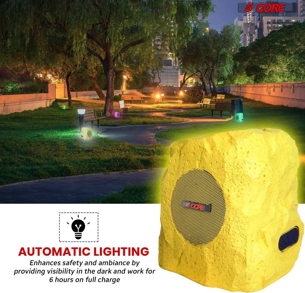 Alt view image 5 of 7 - 5 Core Outdoor Speakers Bluetooth Waterproof Linkable TWS 10W RMS Pool Patio Garden Wireless Subwoofer Outside Solar Rock Speaker w RGB Light All Season Use