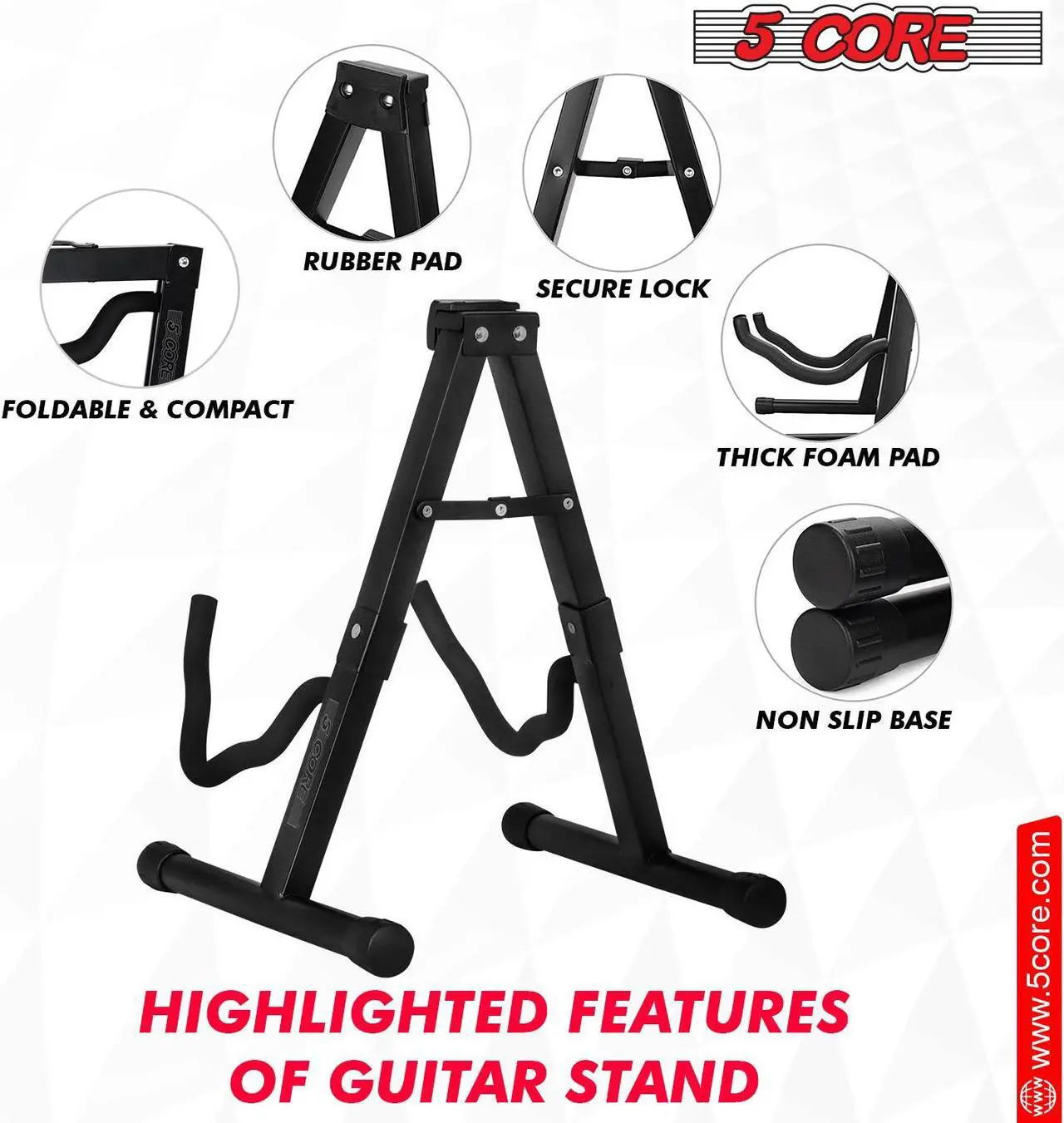 Alt view image 5 of 7 - 5 Core Guitar Stand Floor A Frame Electric Acoustic Bass Soporte Para Guitarra - BLACK