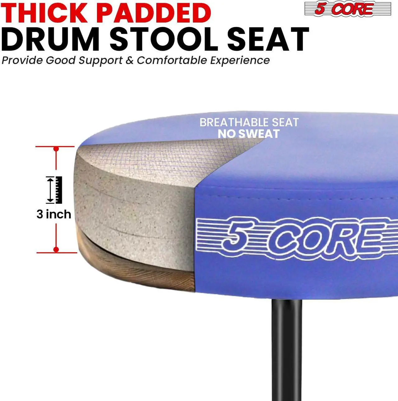 Alt view image 2 of 7 - 5 Core Drum Throne 3 Inch Thick Padded Comfortable Guitar Stool Drummer Chair Height Adjustable Musician Seat For Adults And Kids Blue- DS 01 BLU