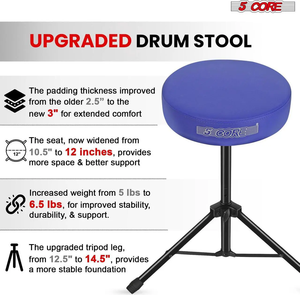 Alt view image 7 of 7 - 5 Core Drum Throne 3 Inch Thick Padded Comfortable Guitar Stool Drummer Chair Height Adjustable Musician Seat For Adults And Kids Blue- DS 01 BLU