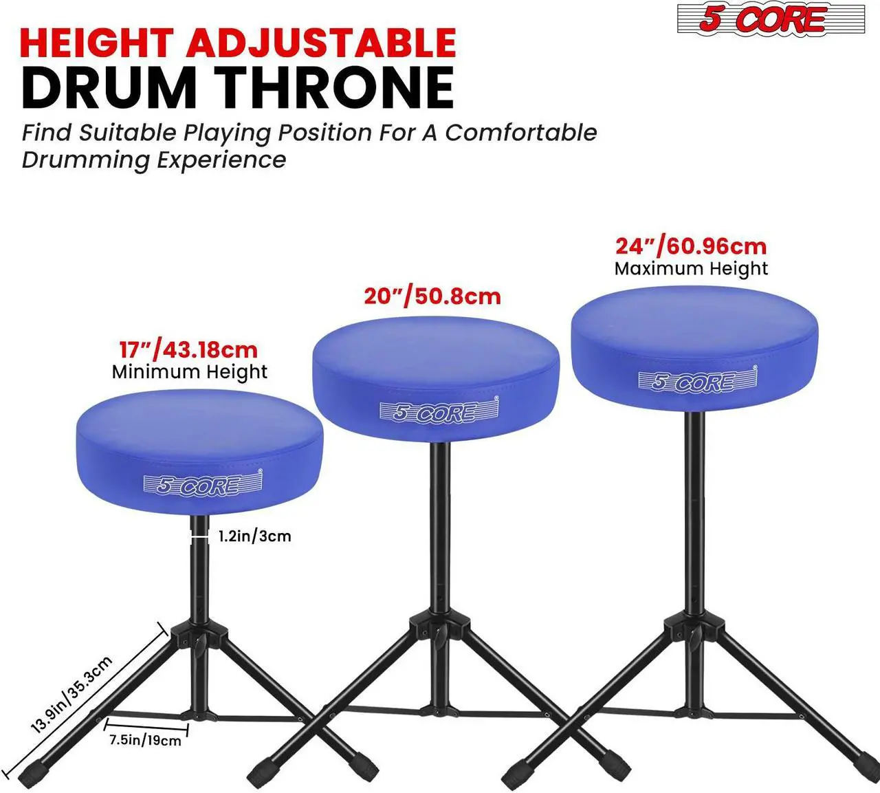 Alt view image 3 of 7 - 5 Core Drum Throne 3 Inch Thick Padded Comfortable Guitar Stool Drummer Chair Height Adjustable Musician Seat For Adults And Kids Blue- DS 01 BLU