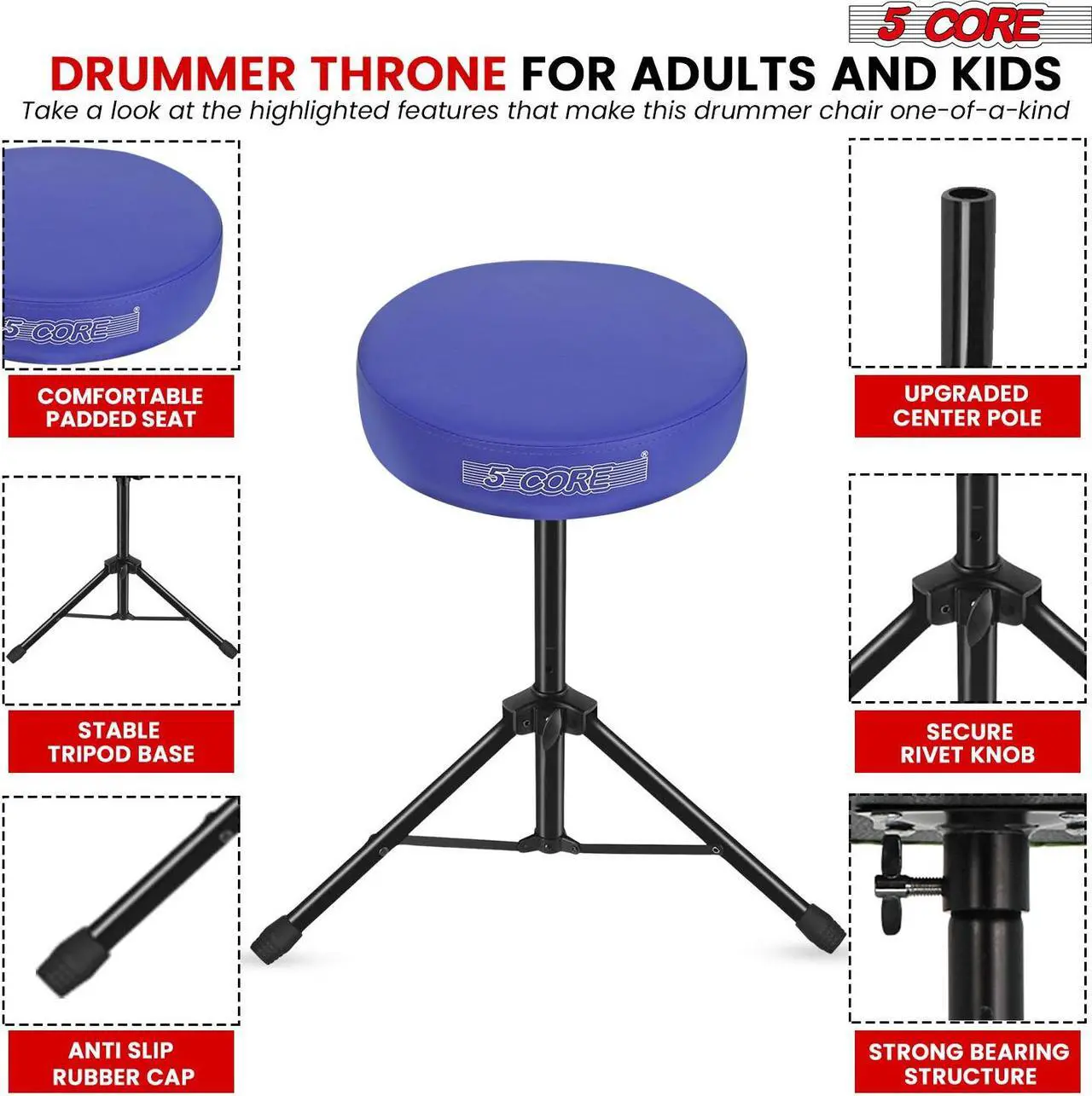 Alt view image 4 of 7 - 5 Core Drum Throne 3 Inch Thick Padded Comfortable Guitar Stool Drummer Chair Height Adjustable Musician Seat For Adults And Kids Blue- DS 01 BLU