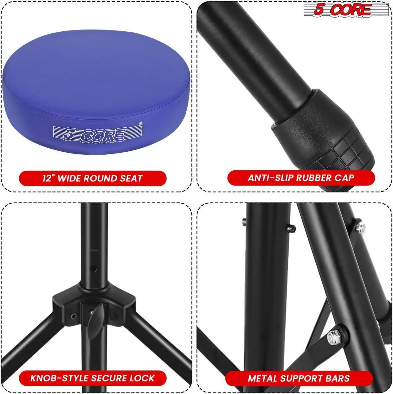 Alt view image 6 of 7 - 5 Core Drum Throne 3 Inch Thick Padded Comfortable Guitar Stool Drummer Chair Height Adjustable Musician Seat For Adults And Kids Blue- DS 01 BLU