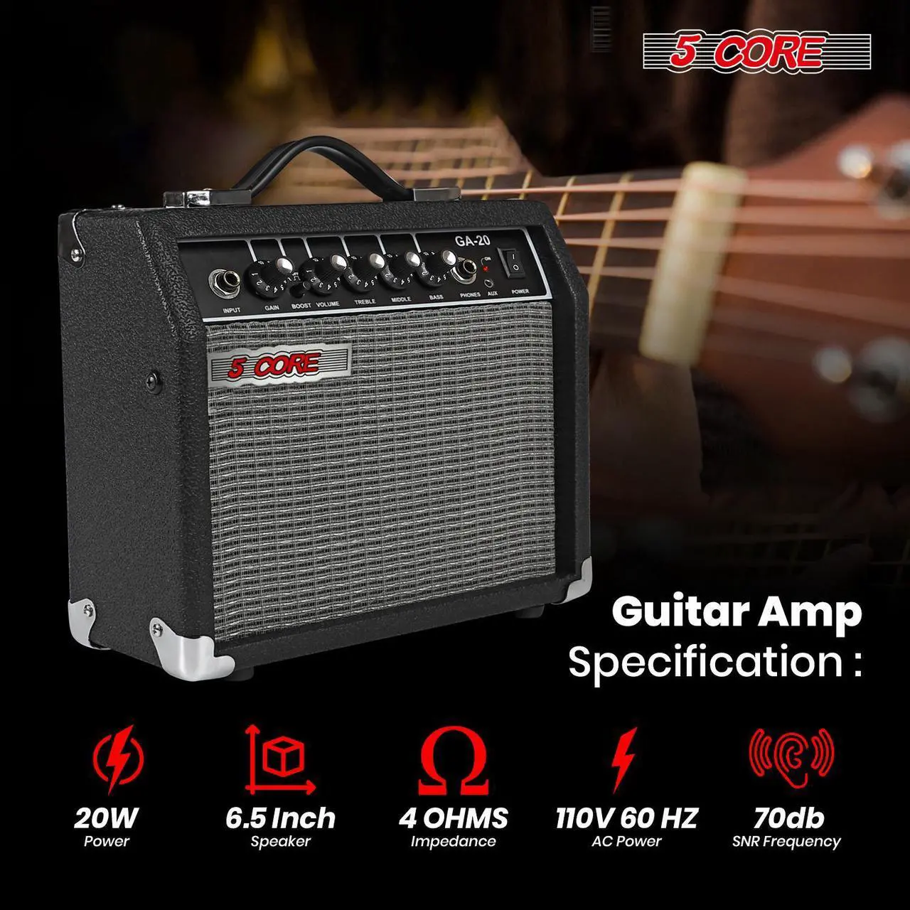 Alt view image 2 of 7 - 5 Core Guitar Amp 20W Electric Bass Acoustic Portable Amplifier Practice fender Amplificador