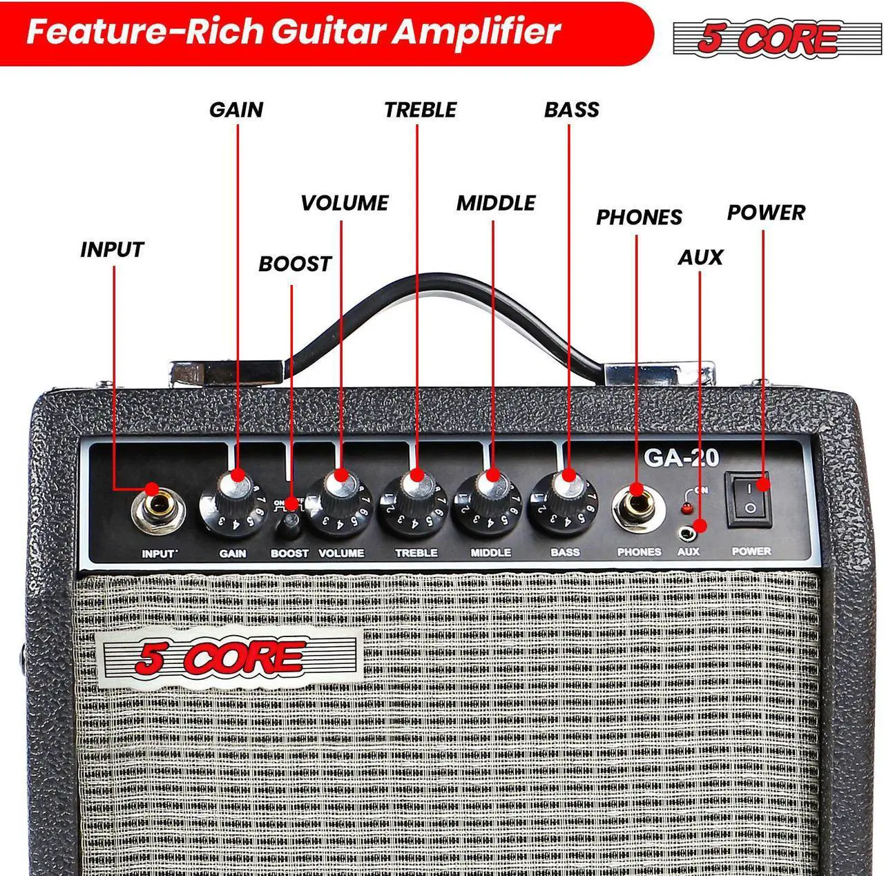 Alt view image 4 of 7 - 5 Core Guitar Amp 20W Electric Bass Acoustic Portable Amplifier Practice fender Amplificador