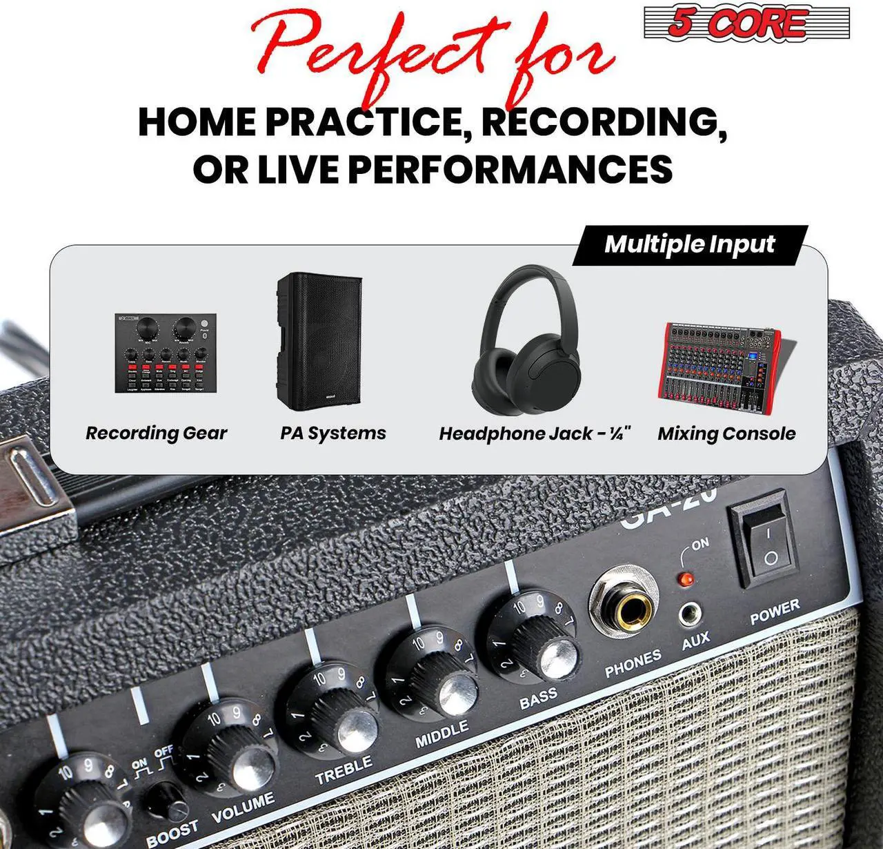 Alt view image 5 of 7 - 5 Core Guitar Amp 20W Electric Bass Acoustic Portable Amplifier Practice fender Amplificador