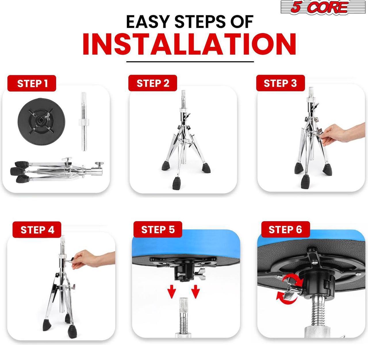 Alt view image 7 of 7 - 5 Core Drum Throne Padded Guitar Stool Swivel Height Adjustable Professional Music Chair For Adults And Kids w Anti Slip Rubber Feet - DS CH BLU VEL HD