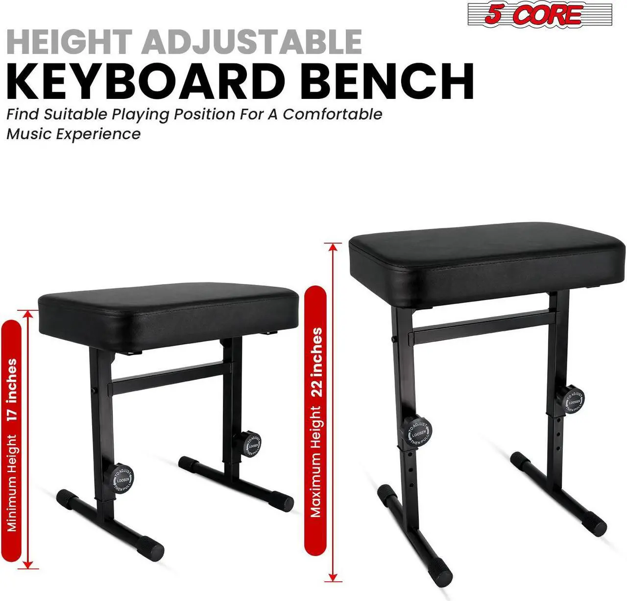 Alt view image 3 of 7 - 5 CORE Keyboard Bench Piano Stool T Style Black Thick Padded Cushion Seat Height Adjustable 17 to 22 inch | Keyboard Chair (PU Leather) - KBB H-ADJ BLK