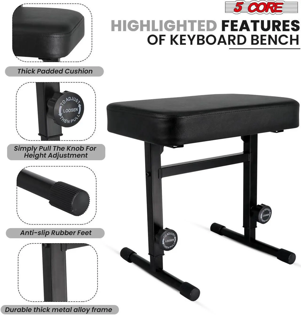 Alt view image 5 of 7 - 5 CORE Keyboard Bench Piano Stool T Style Black Thick Padded Cushion Seat Height Adjustable 17 to 22 inch | Keyboard Chair (PU Leather) - KBB H-ADJ BLK