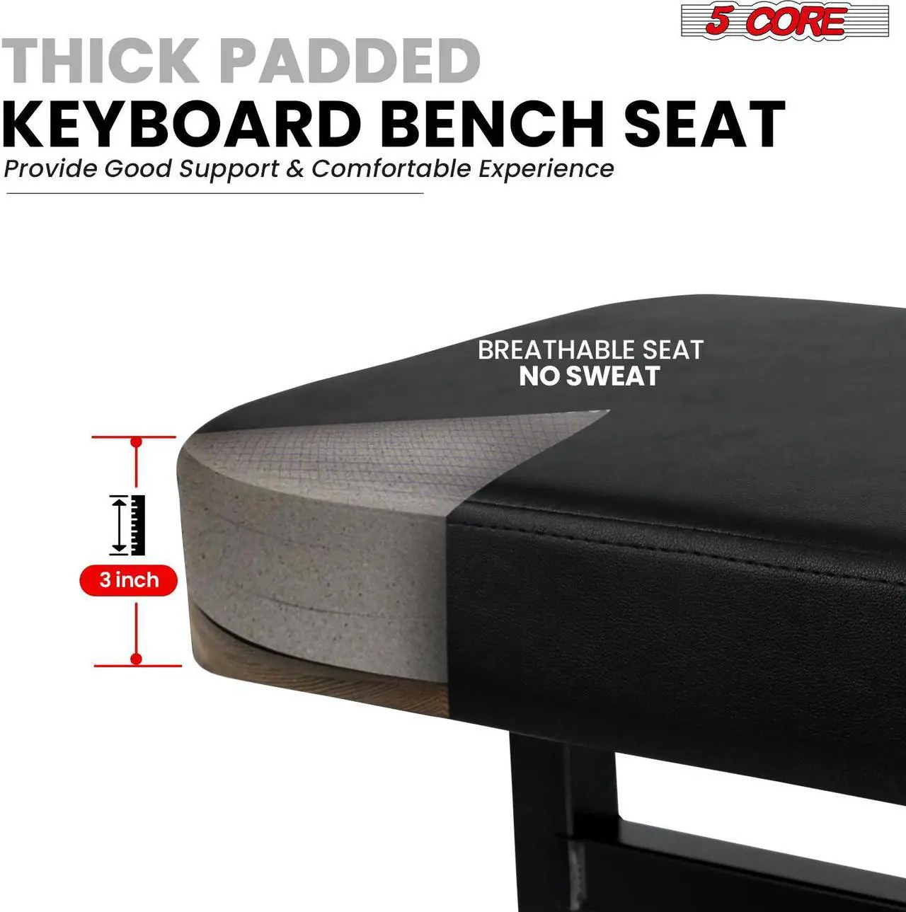 Alt view image 2 of 7 - 5 CORE Keyboard Bench Piano Stool T Style Black Thick Padded Cushion Seat Height Adjustable 17 to 22 inch | Keyboard Chair (PU Leather) - KBB H-ADJ BLK