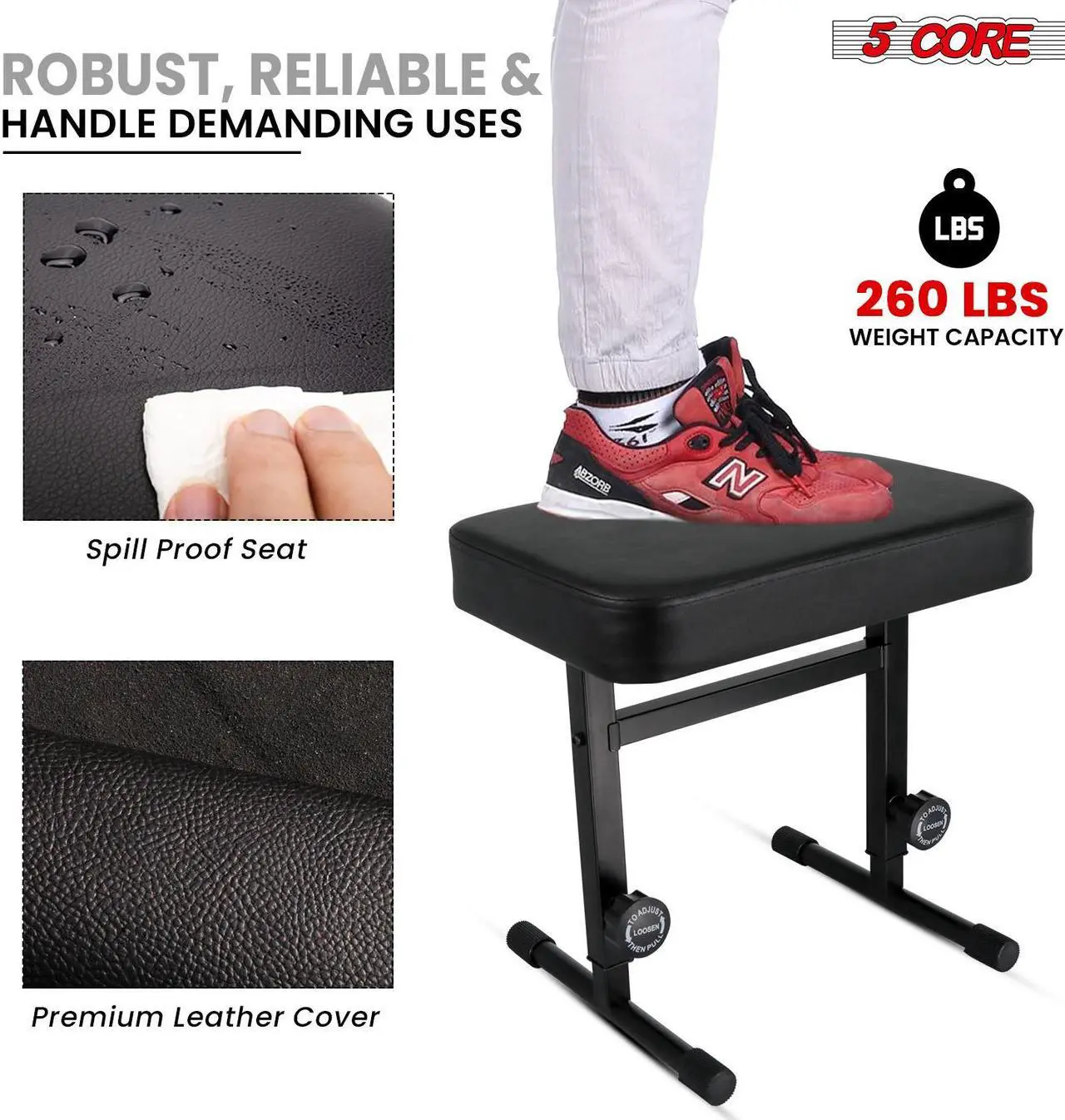 Alt view image 4 of 7 - 5 CORE Keyboard Bench Piano Stool T Style Black Thick Padded Cushion Seat Height Adjustable 17 to 22 inch | Keyboard Chair (PU Leather) - KBB H-ADJ BLK