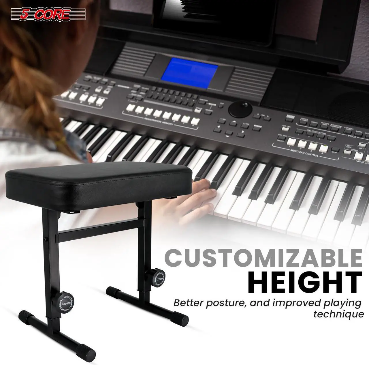 Alt view image 6 of 7 - 5 CORE Keyboard Bench Piano Stool T Style Black Thick Padded Cushion Seat Height Adjustable 17 to 22 inch | Keyboard Chair (PU Leather) - KBB H-ADJ BLK